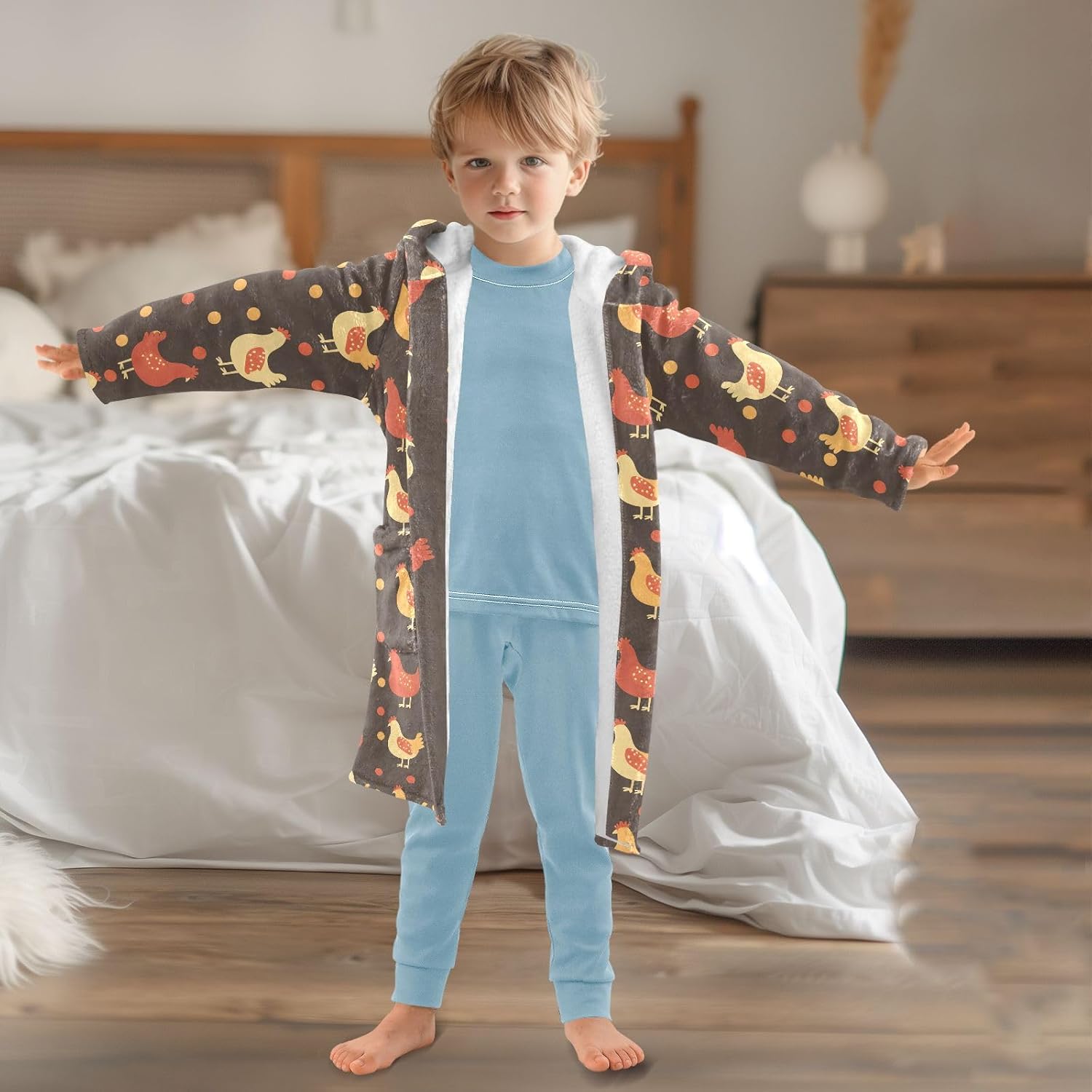 Cartoon Hen Pattern Toddler Hooded Bathrobe for Boys Girls Soft Plush Bath Towel Robe 2-12 Years