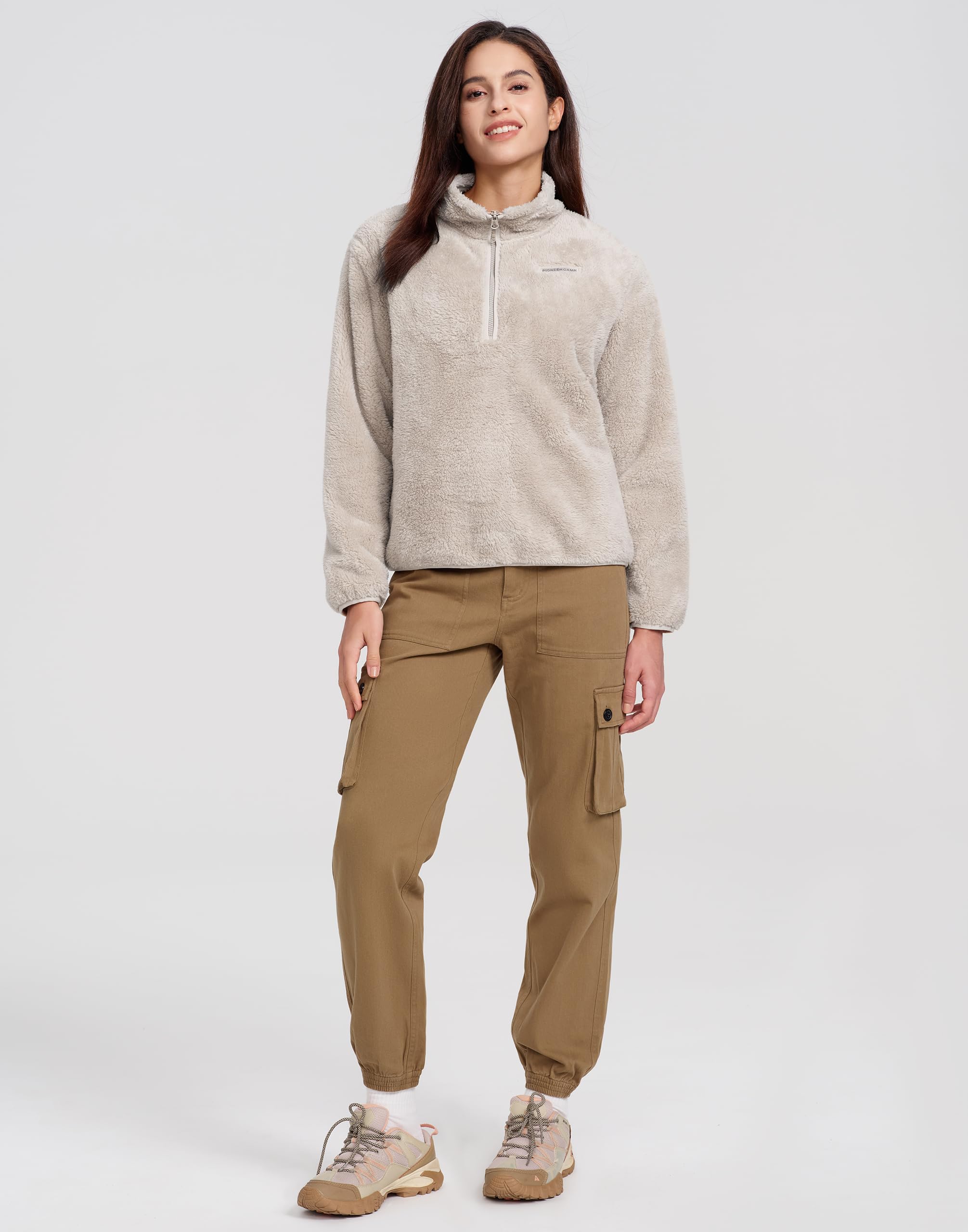 Pioneer Camp Fleece Pullover für Damen mit Stehkragen, Half-Zip Sweatshirt Langarm aus Baumwolle, Weicher Sport Pullover ohne Kapuze, Übergangsjacke Herbst Winter