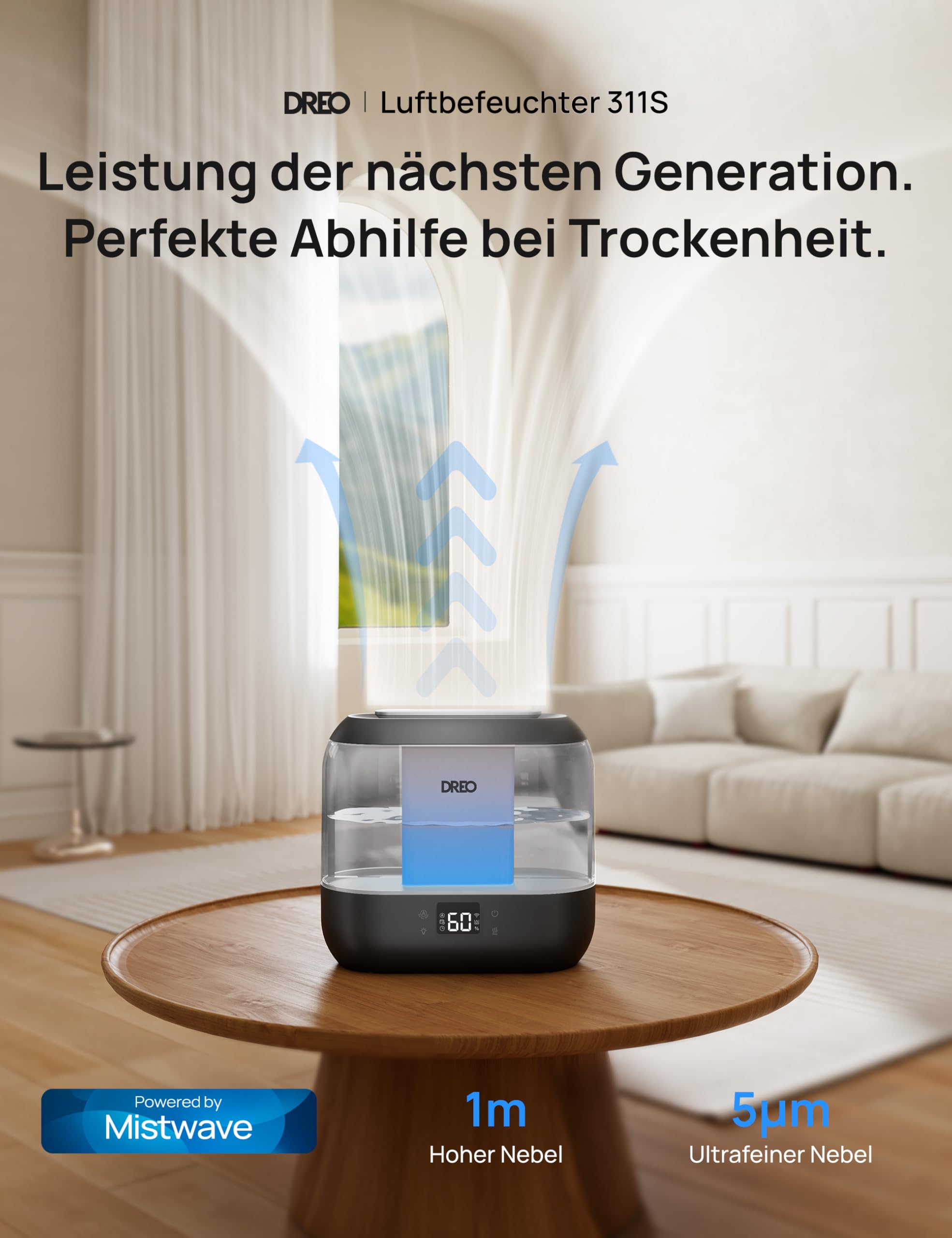 Dreo Smart Luftbefeuchter 4L, oben befüllbarer Kühler Nebel Humidifier mit Öl Diffusor und Nachtlicht, 36h Laufzeit, leiser Ultraschall