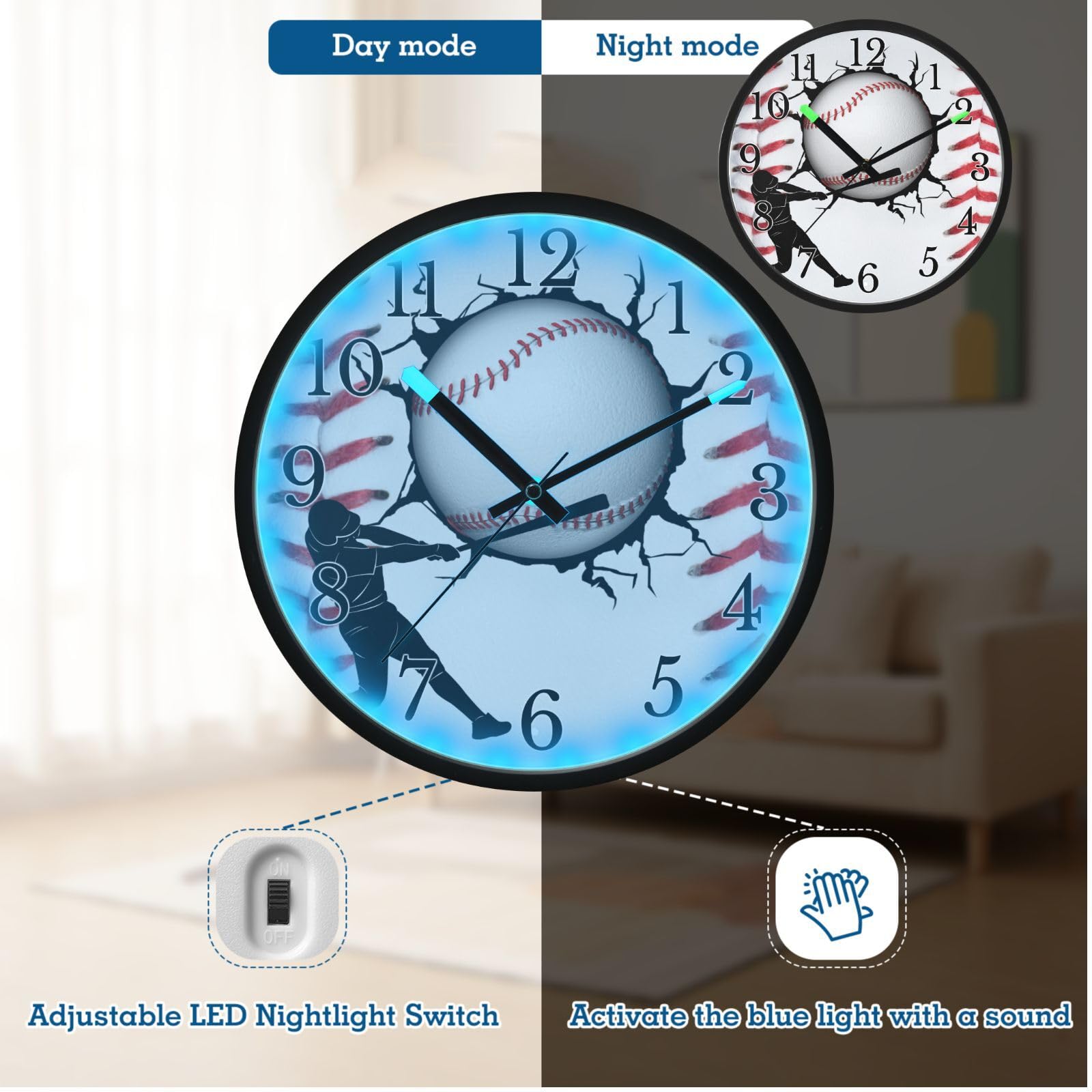 Mnsruu Reloj de pared luminoso para tenis, sóftbol, béisbol, dormitorio, funciona con pilas, silencioso, brilla en la oscuridad, para sala de estar, cocina, 12 pulgadas