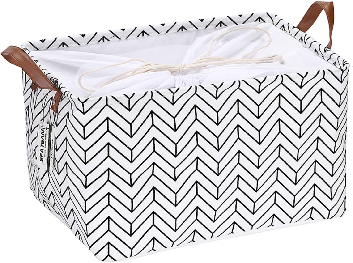 Sea Team Moroccan Pattern Canvas Fabric Storage Basket Collapsible Geometric Design Storage Bin with Drawstring Cover and PU Leather Handles, 16.5 by 11.8 inches, Waterproof Inner