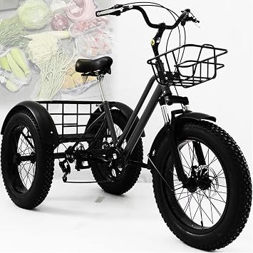 Fat Tire Tricycle, 20" Adult Shopping Tricycle, 7 Speed Cruise Bike with Large Basket Ideal for Outdoor, Shopping, Picnic