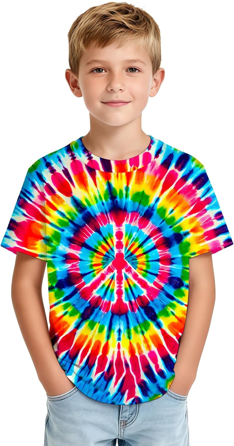 Kids Tie Dye T-Shirts Hippie Short Sleeve Shirt Tees for 6-18 Years Boys Girls - Image 2