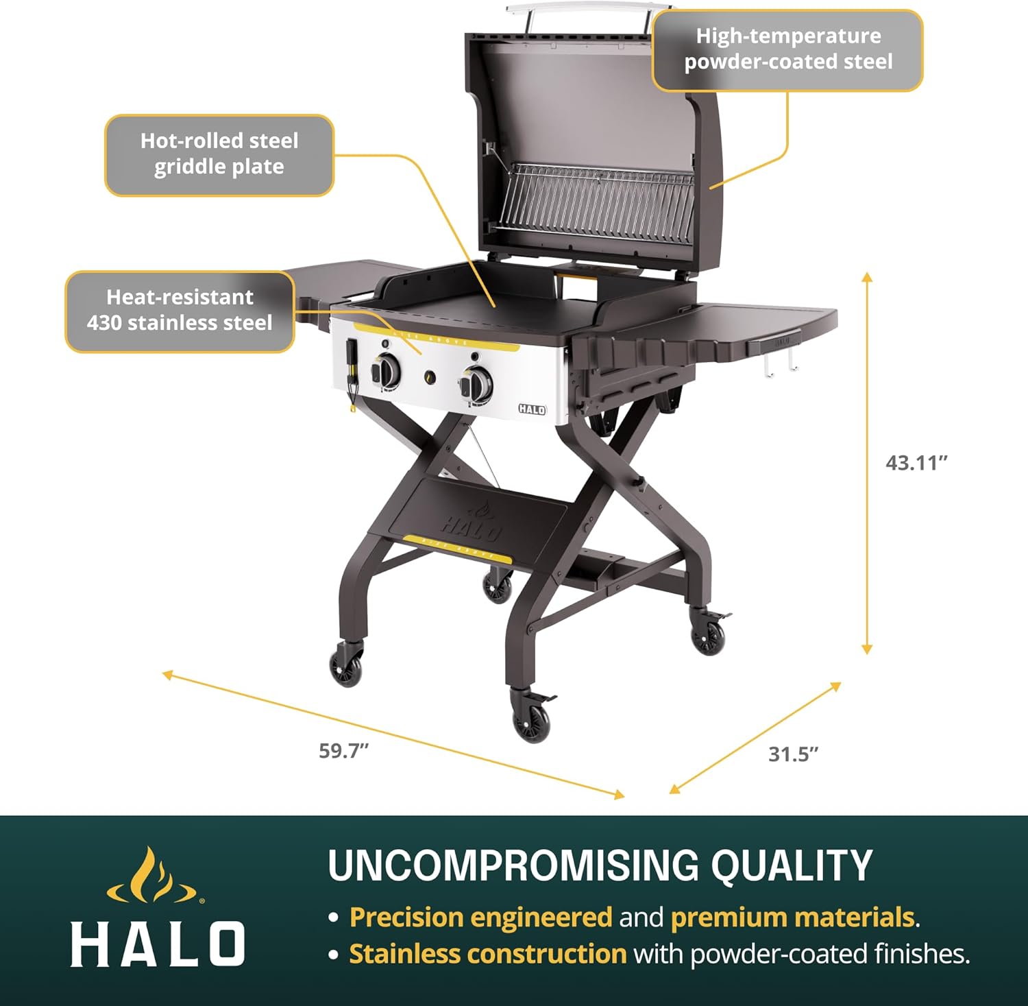 HALO Elite2B Outdoor Griddle | 2 Burner, 4 Cooking Zones | Portable with Warming Rack | 480 sq. in. (24″ x 20″) Wind-Proof Cooking Surface | Propane and Natural Gas Grill | HZ-1003-XNA