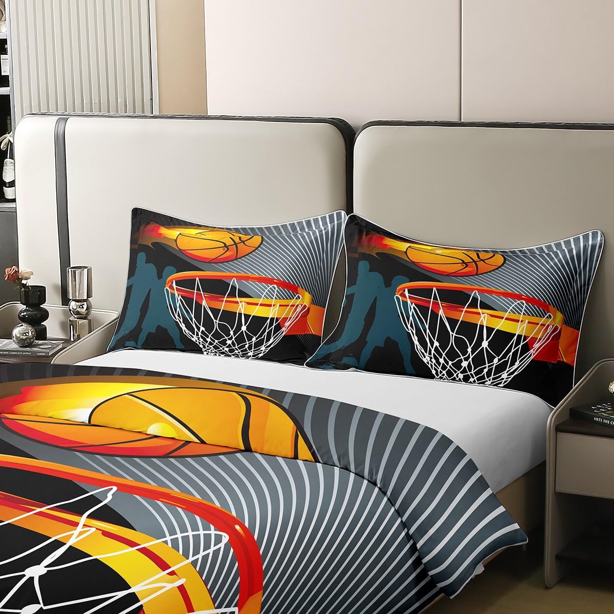 Loussiesd Sports Basketball 100% Cotton Duvet Cover Single Size Set Sports Theme Bedding 100% Cotton Set Boys 3D Basketball Pattern Comforter Cover Slam Dunk Quilt Cover Bedroom Collection 2Pcs - Image 4