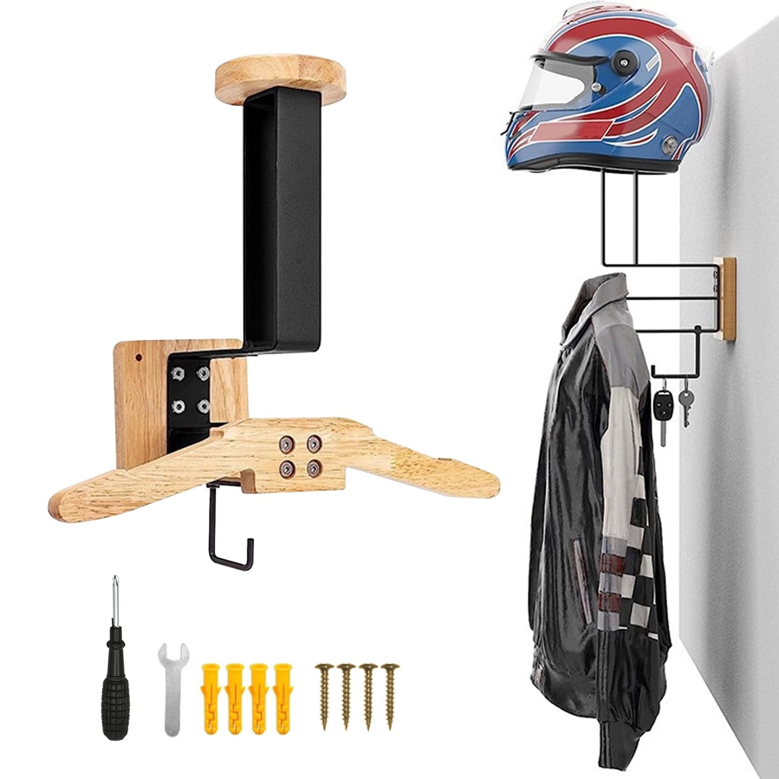Support Casque Moto, Porte Casque Moto Mural pour Accrocher Le Casque et la Veste de Moto au Mur Porte Manteau Moto Porte-Casque Mural en Bois Organisateur Mural Polyvalent pour Moto
