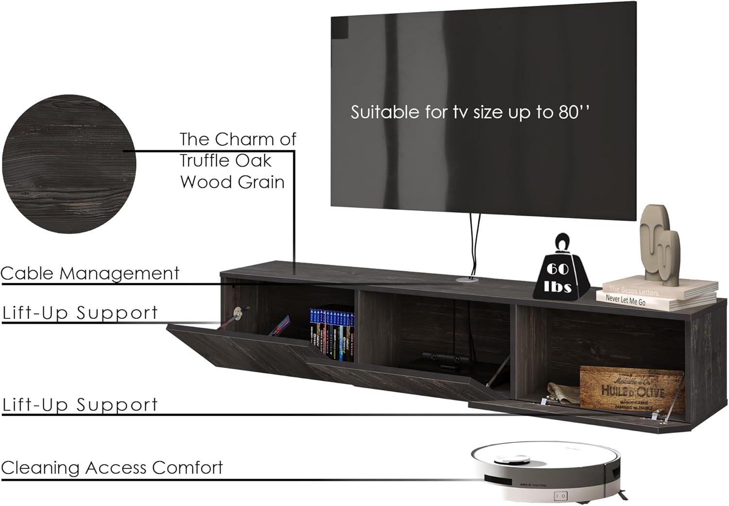 Black Wood Floating TV Stand for 65-80 Inch TVs