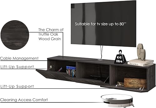 Miniatura 5 de Atelier Mobili - Soporte de TV flotante negro de 65 pulgadas, centro de entretenimiento flotante para TV de 80 pulgadas, gabinete de TV negro, Negro
