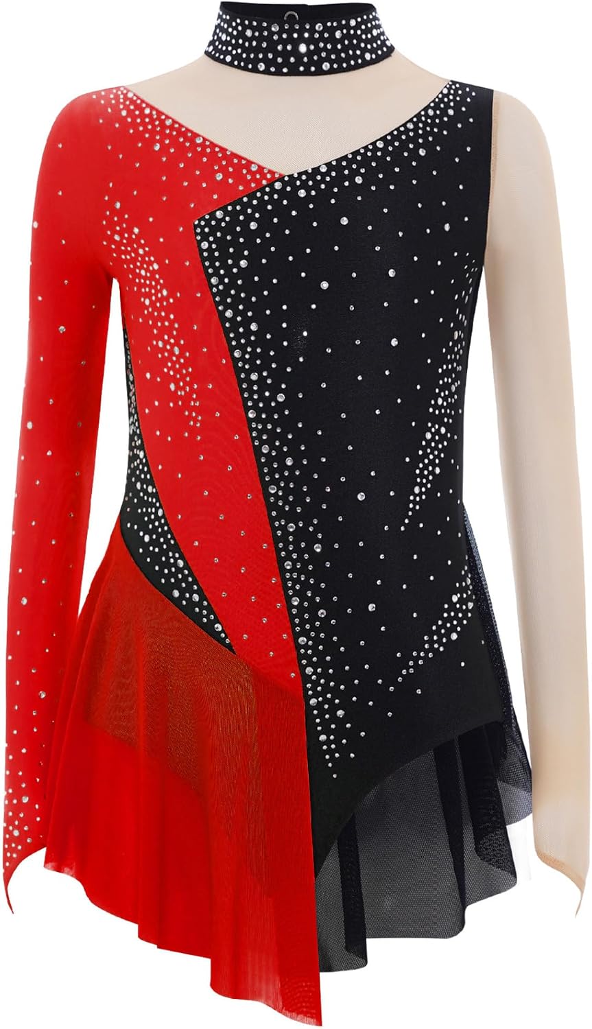 Kids Girls Figure Ice Skating Dress Long Sleeve Shiny Rhinestone Mesh Spliced Gymnastics Ballet Leotard
