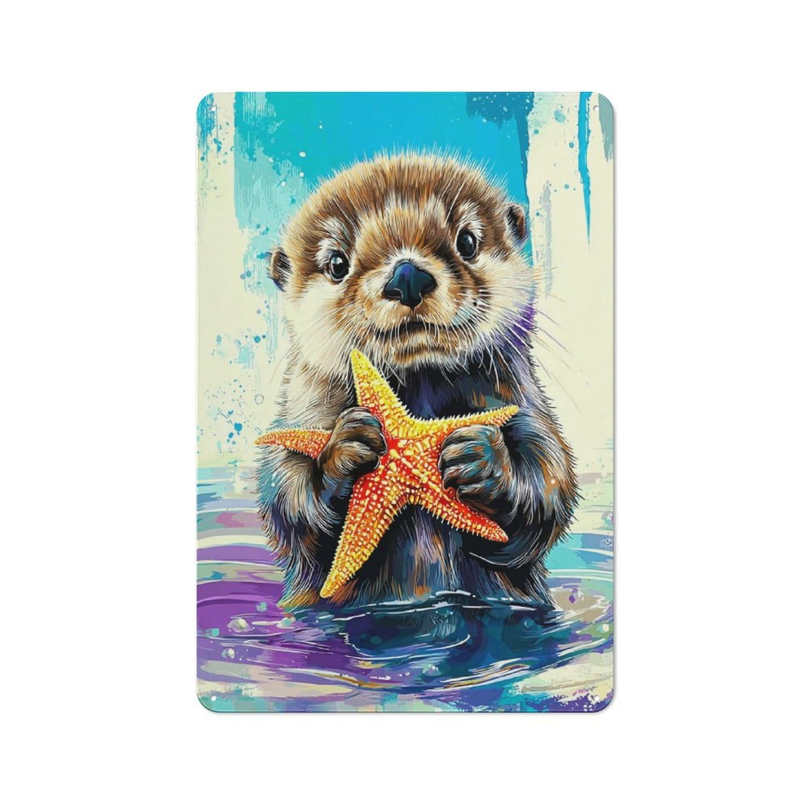 Shop Front Style Otter with Starfish in Water Decorative Metal Plaque 30x20cm, Shop Wall Decor for Cafe, Bistro, Bakery Or Restaurant