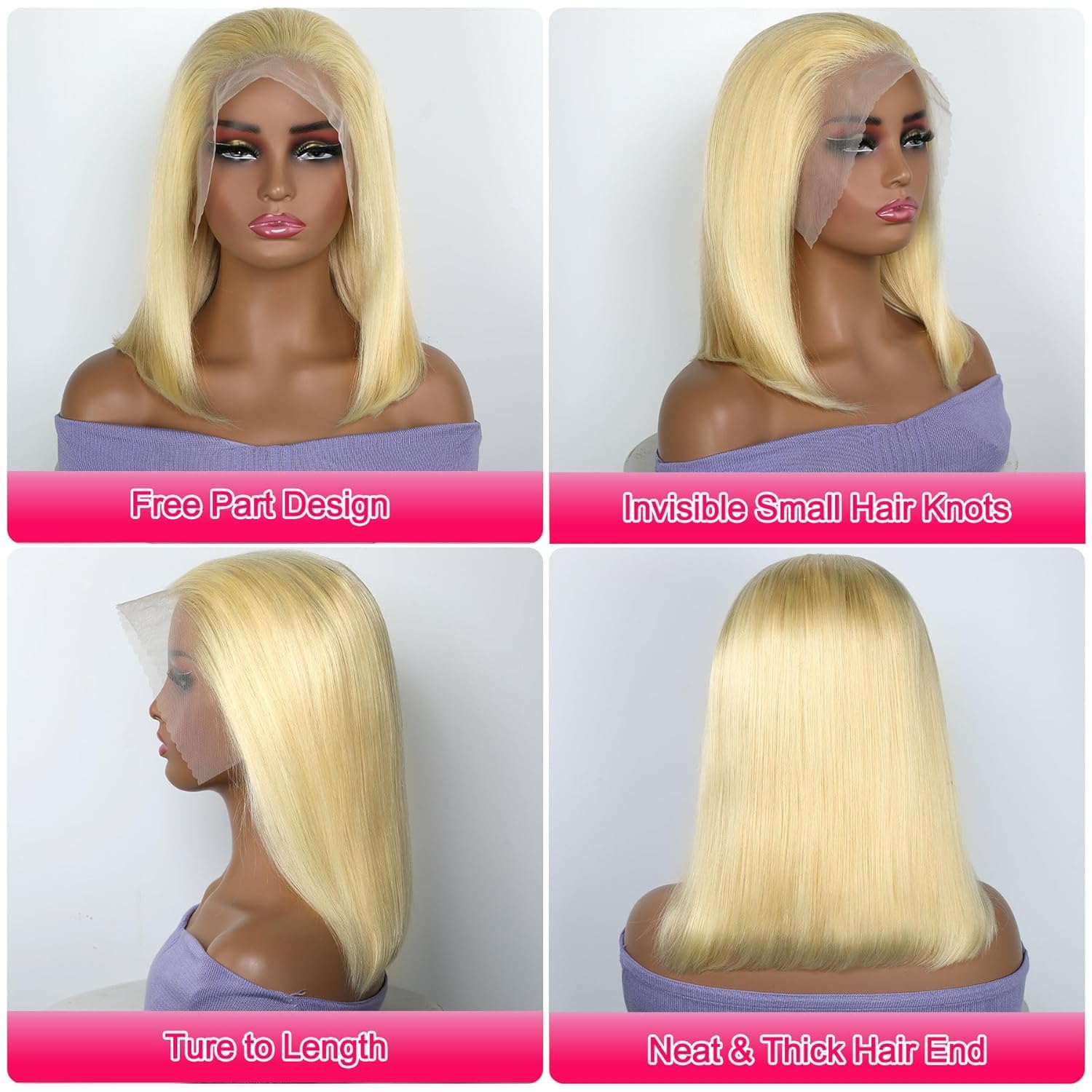 Honey Blonde Bob Wig Human Hair Full 13x6 HD Lace Frontal Glueless Wigs Pre Cut Pre Plucked 100% Unprocessed Brazilian Virgin Human Hair Wigs for Women - 180% Density 12 Inch 613 Bob Wig