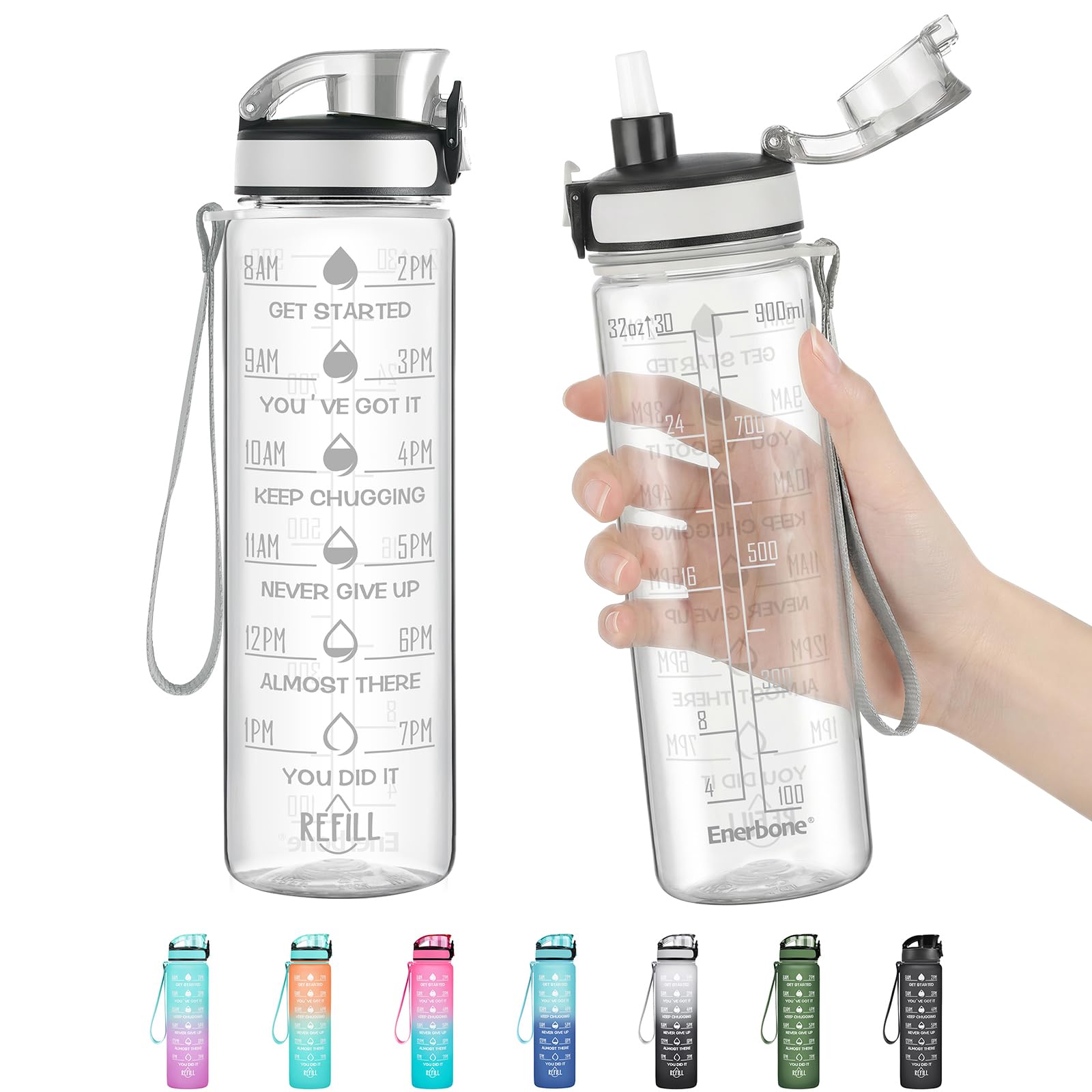 Enerbone Water Bottle, Leakproof BPA & Toxic Free, Motivational Water Bottle with Times to Drink and Straw, Fitness Sports Water Bottle with Strap for Office, Gym, Outdoor Sports