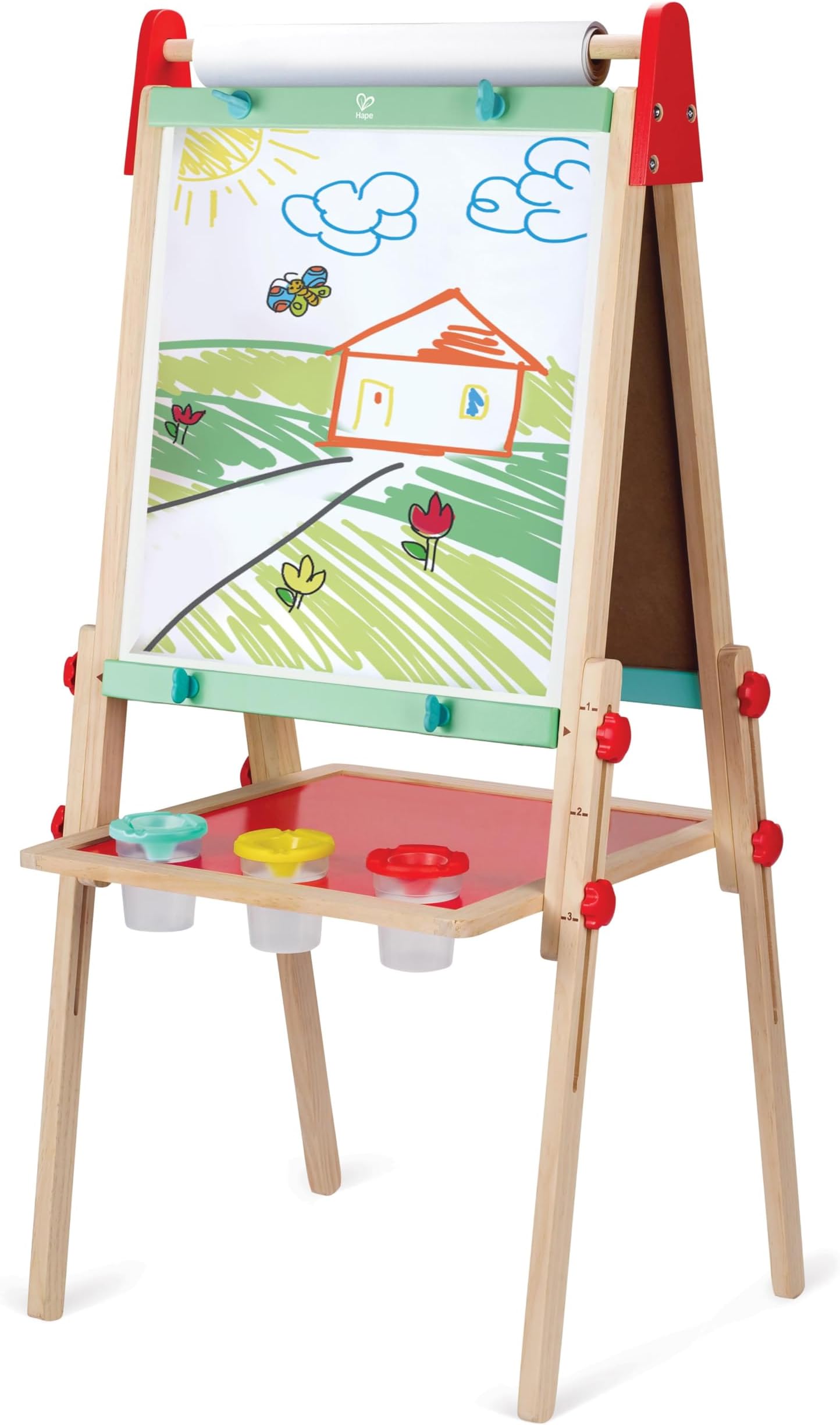 Hape All-in-One Wooden Kids Art Easel | Double Sided Magnetic Whiteboard & Chalkboard | Adjustable Height with Paper Roll, Paint Pots & Magnets | Kids Standing Easel | Award Winning Creative Toy | 3Y