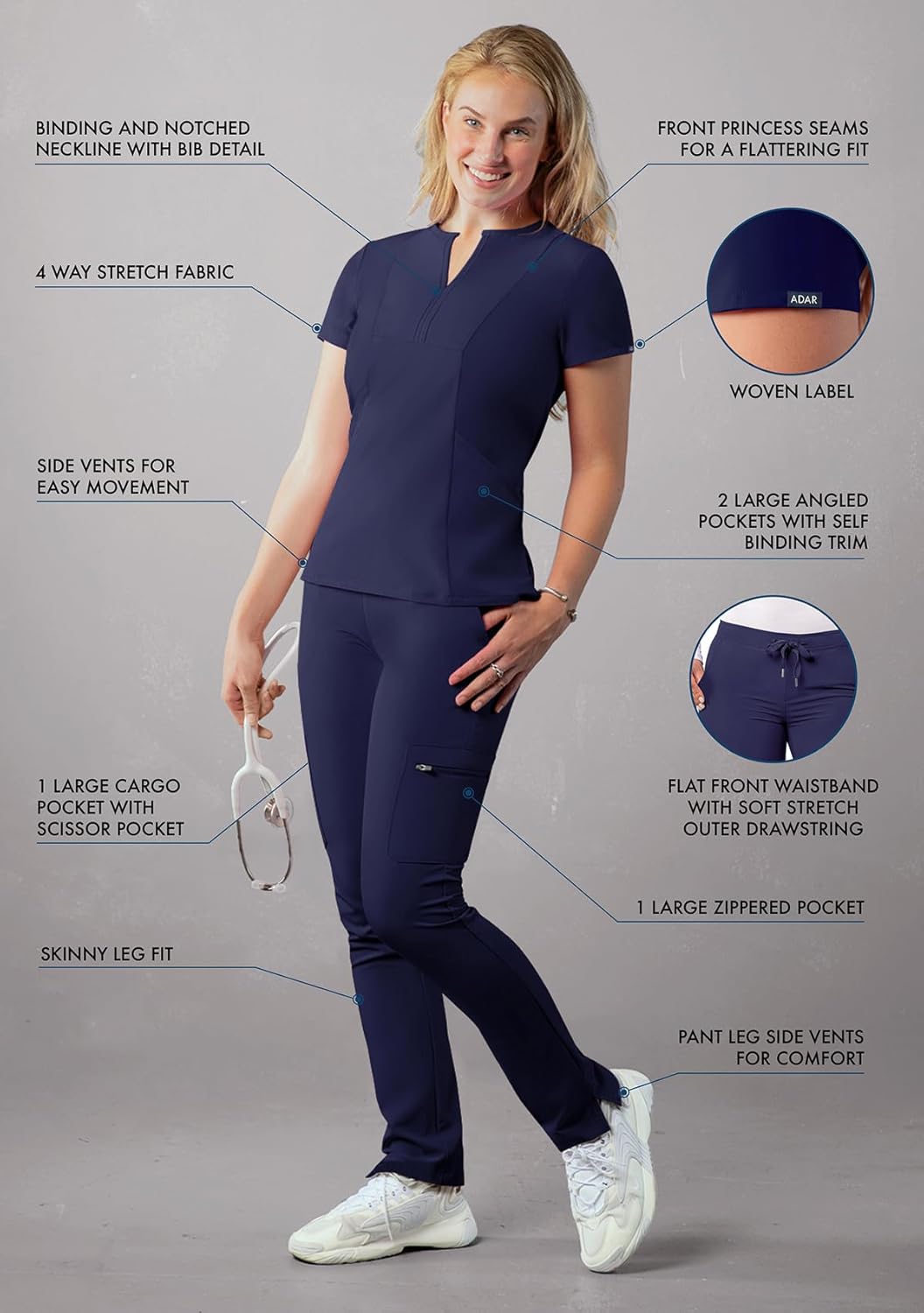 Adar Addition Go-Higher Scrub Set for Women - Notched V-Neck Scrub Top & Skinny Cargo Scrub Pants