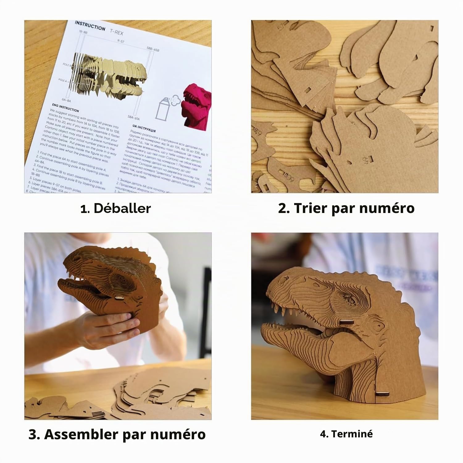 Dinosaure T-Rex Puzzle 3D en Carton – Maquette à Monter | 72 Pièces, 21 × 16 × 9 cm – Kit Sculpture DIY à Peindre, Matériaux Recyclés, Ados & Adultes, Idée Cadeau Déco