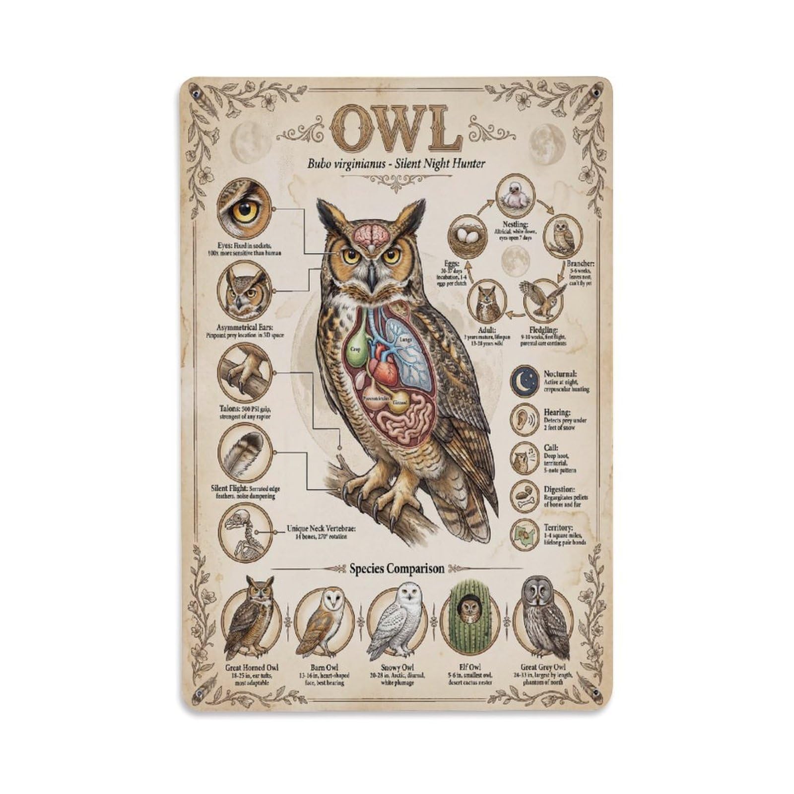 Kids Animal Design Zoology Study Guide Owl Anatomy Sci Inf Metal Tin Sign Plaque Wall Decor for Cafe, Man Cave, Club Bar, Office, Home Garden Round Metal Poster 8x12Inch