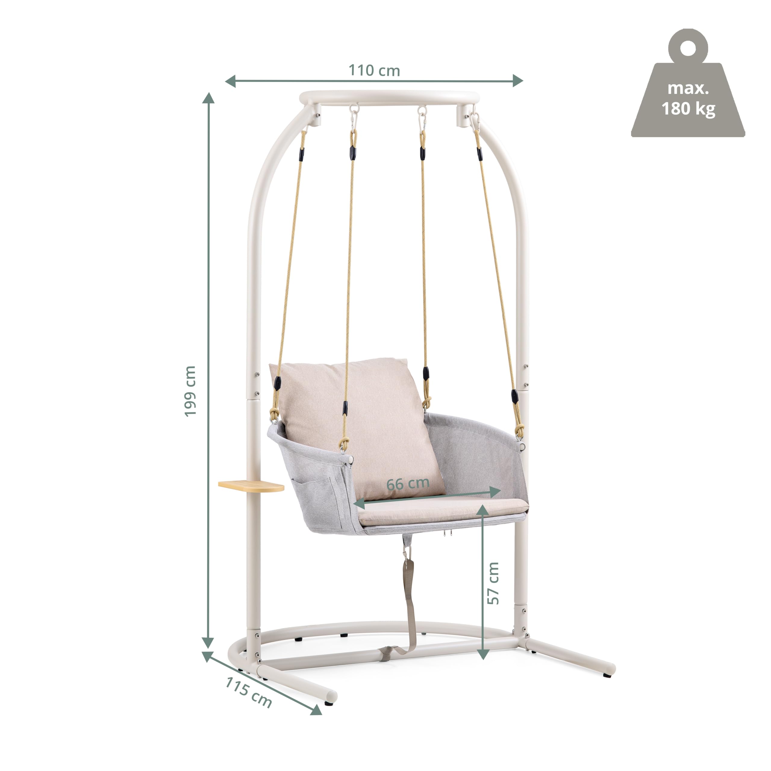 Poltrona sospesa con struttura in alluminio, per esterni, resistente alle intemperie, portata 180 kg | Altalena sospesa con cuscino, seduta con ripiano e borsa per riporre oggetti, per balcone, terrazza, giardino
