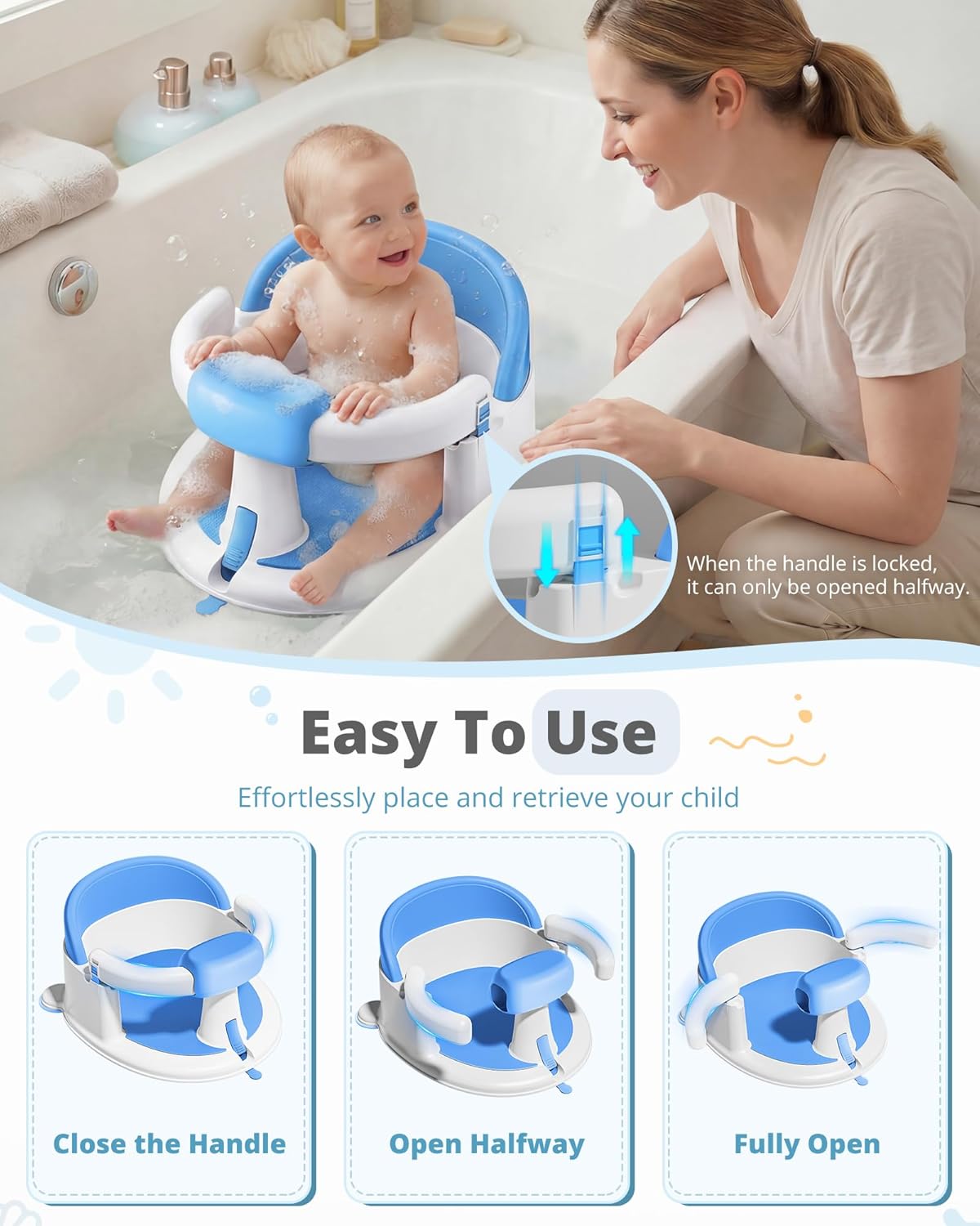 Baby Bath Seats for Babies Sitting Up, Non-Slip Baby Bathtub with 3 Suction Cups, Safe & Comfortable Toddler Bath Seat Ideal for Baby Bath/Shower Support, Stable Design, Blue (6-24 Months)