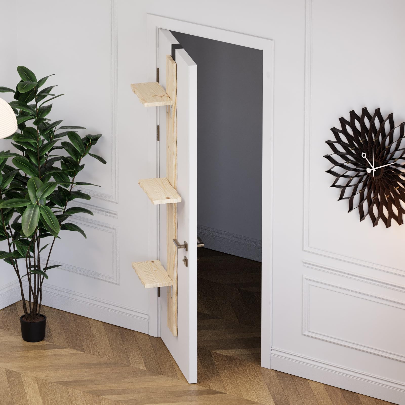 QLS Escalera para Gatos 180 cm, 3 peldaños, Pino sin Tratar | Estructura de 2 piezas con kit completo y 2 soportes para montar dentro o fuera de la puerta