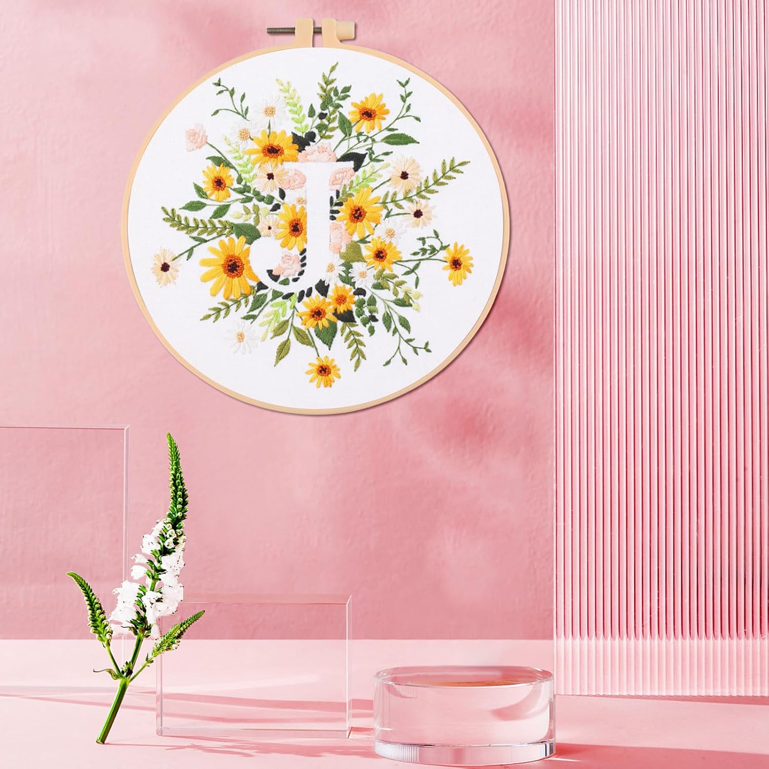 IUHUI Embroidery Kit for Beginners Adults - 26 Floral Letters Easy Patterns, DIY Hand Stitching Embroidery Set with Hoop (Flower and Grass Letter J) image 2