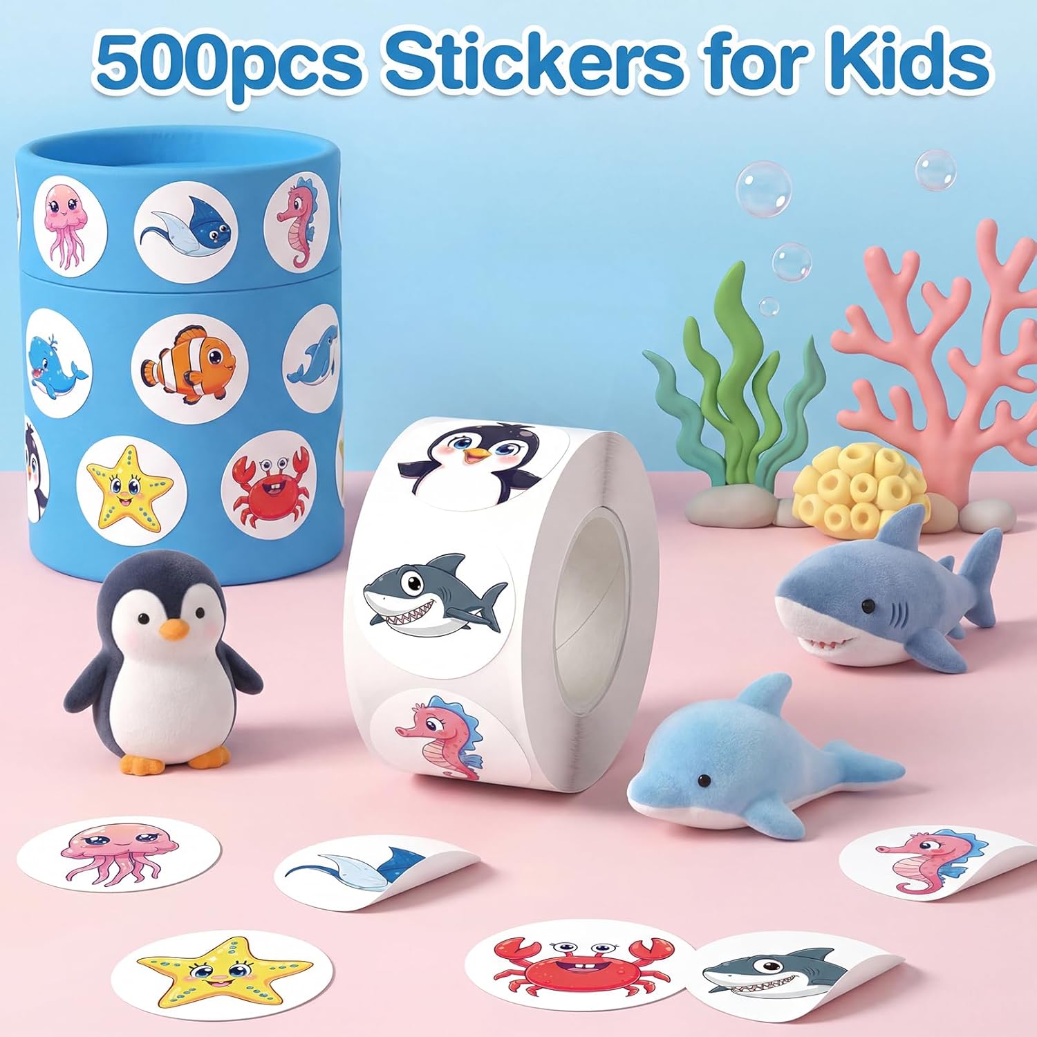 500 PCS 1 Inch Ocean Animal Stickers Roll for Kids, Animal Stickers Bulk for Toddlers, Birthday Party Favors Supplies, Reward Incentive Stickers for School, Home, Preschool, Classroom Crafts