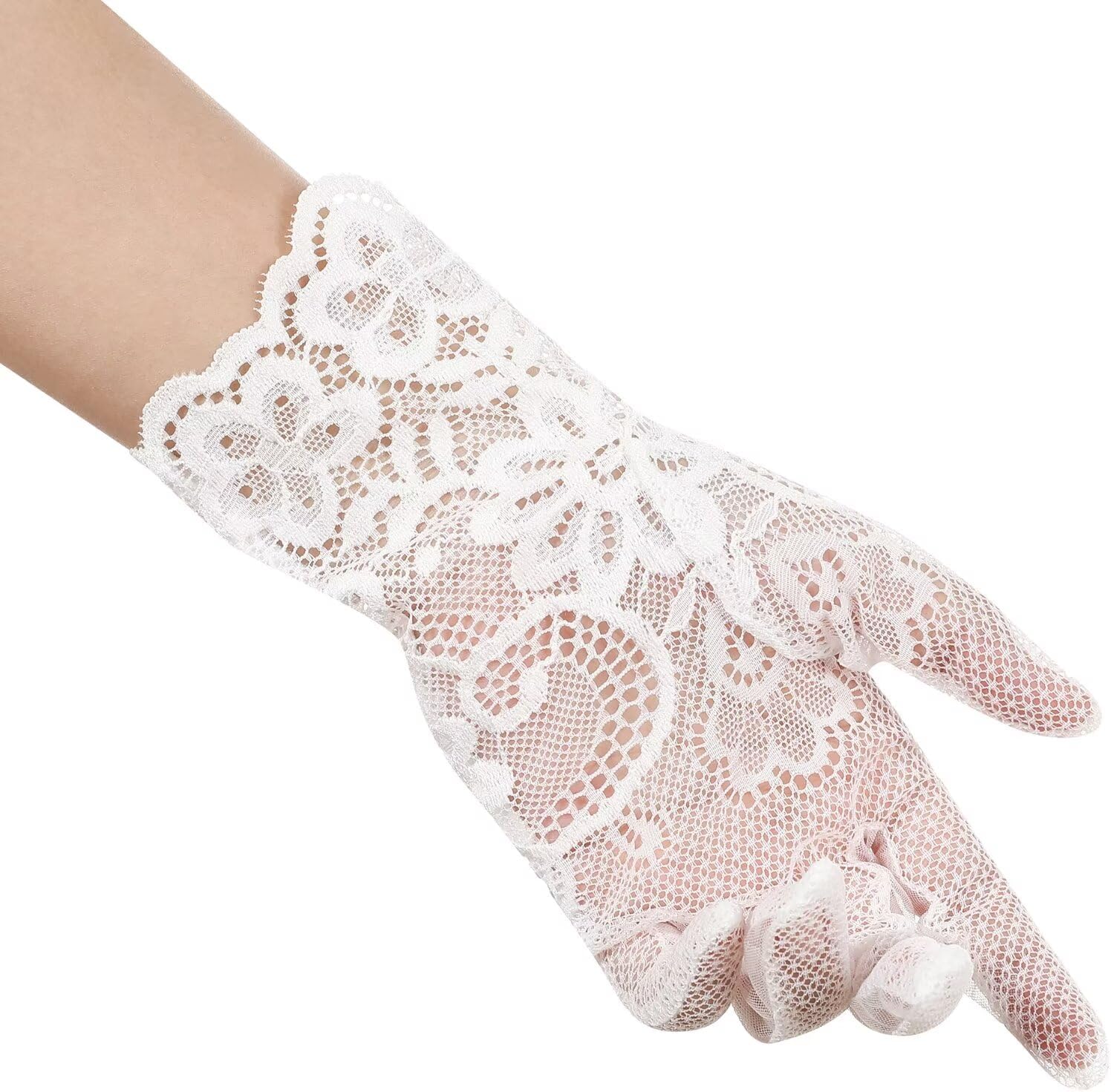 Women's Short Lace Floral Gloves Sheer Mesh Tulle Wrist Length Wedding Bridal Opera Tea Party Gloves - Image 2