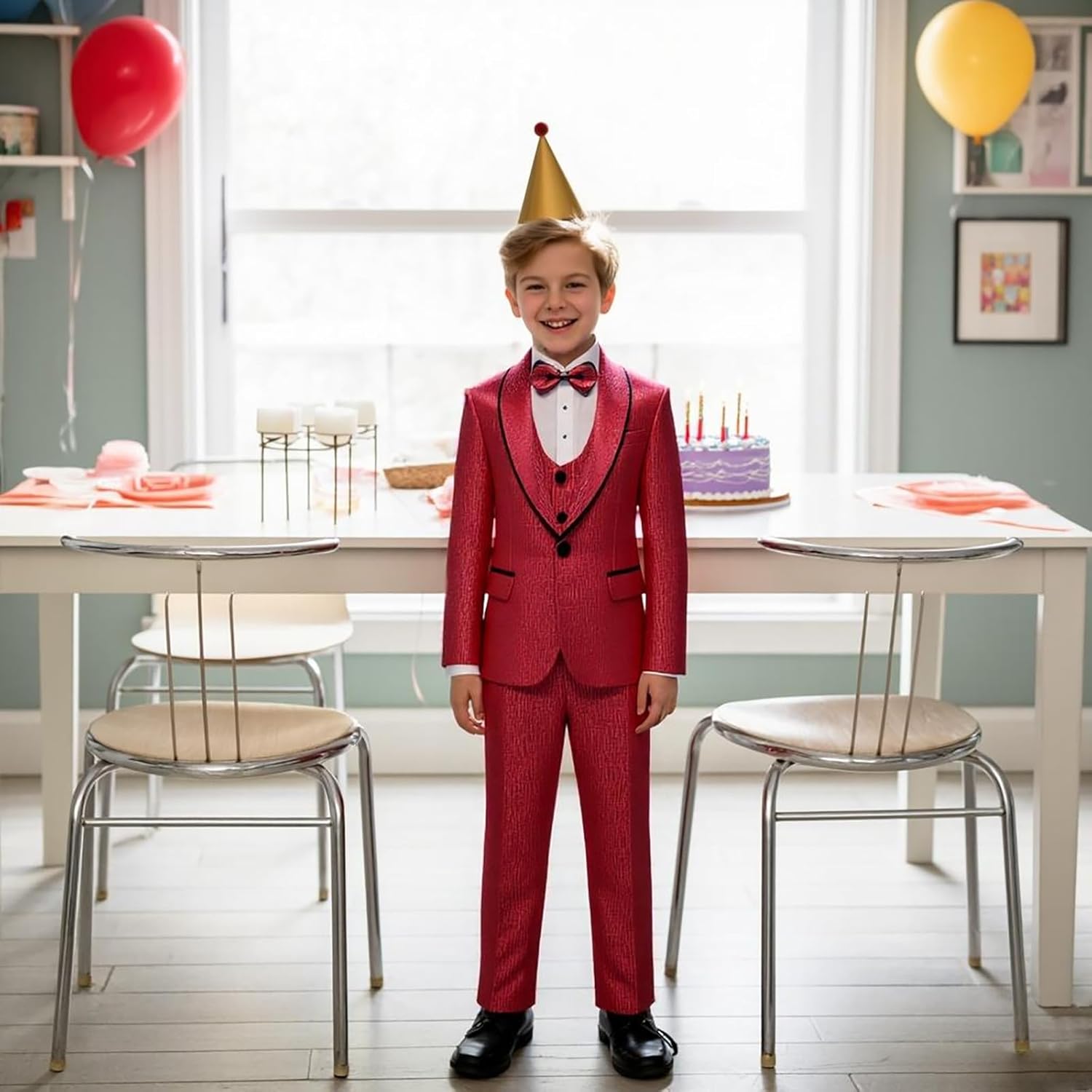 Boys Tuxedo Suit Set Shawl Lapel Striped Kids 3 Piece Slim Fit Formal Suit with Vest Jacket Pants - Image 2