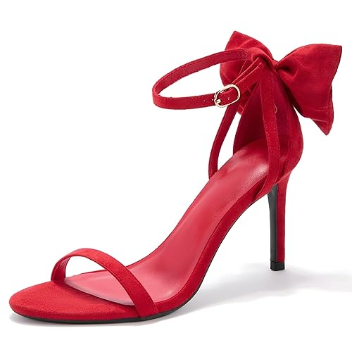Coutgo Womens Ankle Strap High Heels Open Toe Stiletto Bow Tie Knot Heeled Sandals Fashion Wedding Dress Shoes - 7 - Red