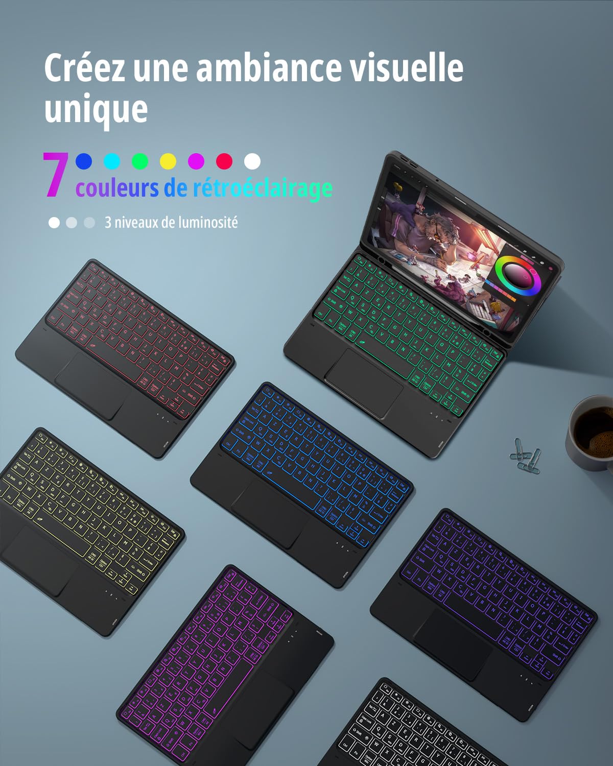 CACOE Clavier Étui Compatible avec Lenovo Idea Tab 2025 11" (TB-336ZU TB-336FU), Coque [AZERTY] Clavier avec Pavé Tactile, Éclairage à 7 Couleurs, Noir