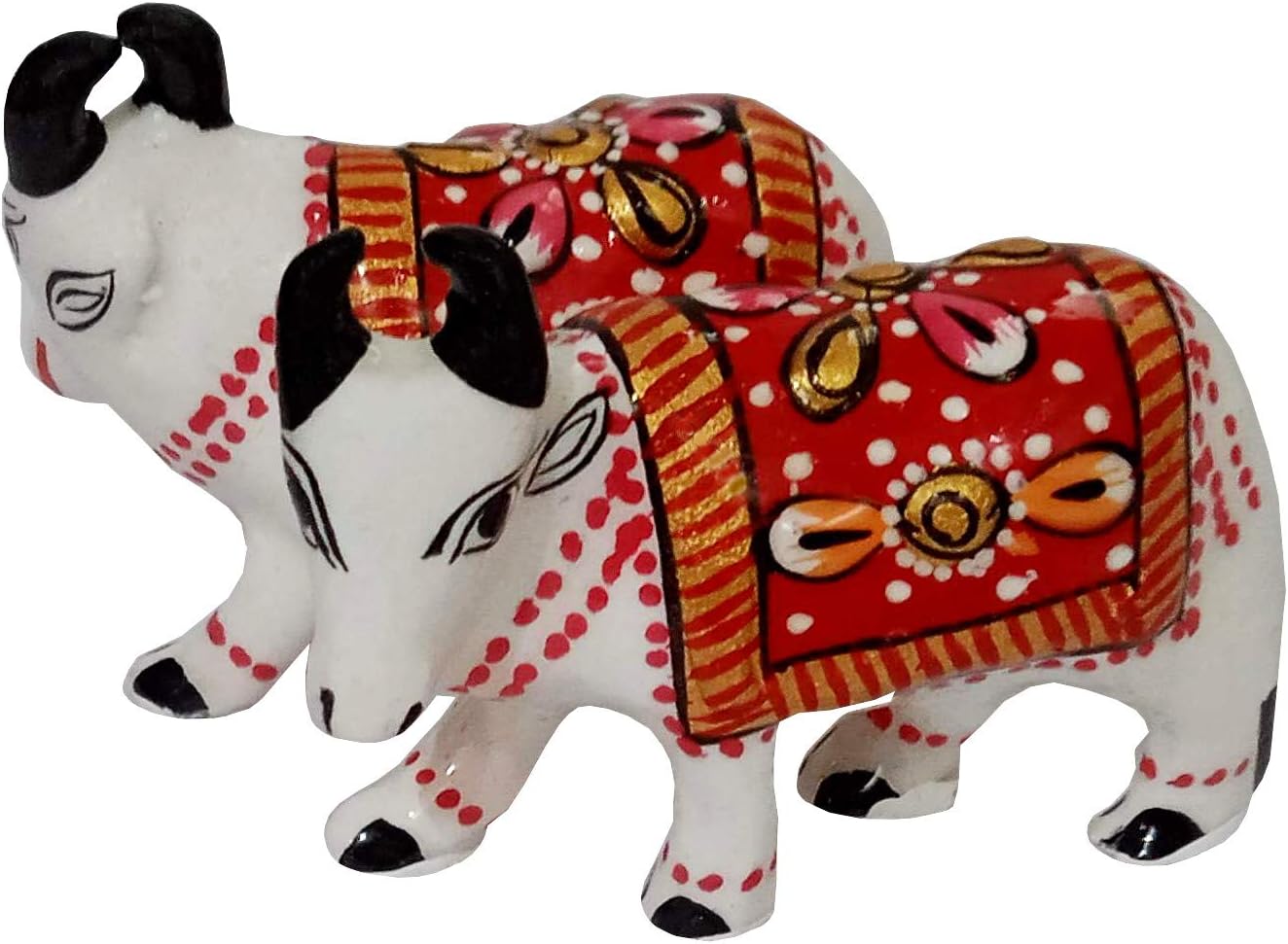 Purpledip Enamelled Metal Miniature Sideways Cow Pair: Colorful Meenakari Art, Set of 2 Figurines (12291)