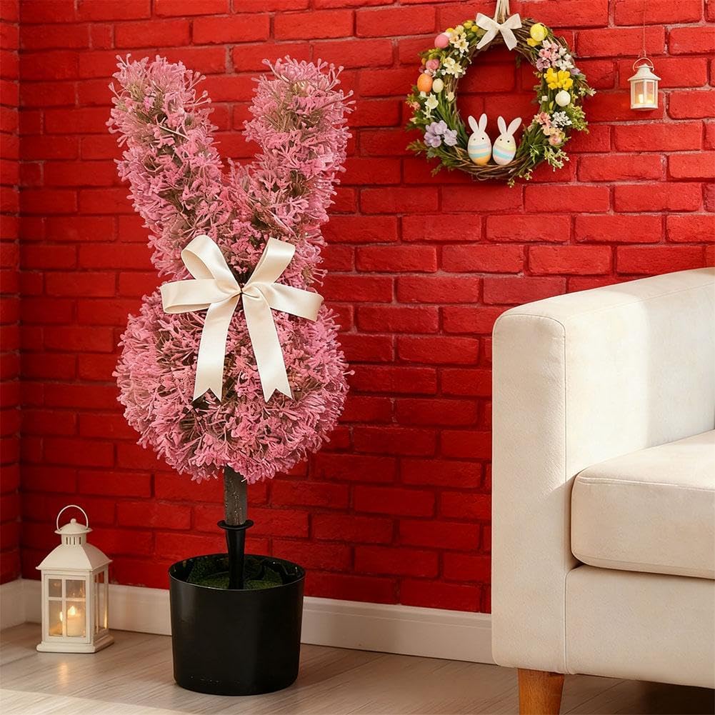Easter Artificial Bunny Shaped Topiary Trees with Ground Spike,29.53" Pink Lifelike Easter Bunny Topiary Tree,Spring Faux Boxwood Topiarys Rabbit Bushes Potted Fake Shrubs for Garden Patio Outdoor