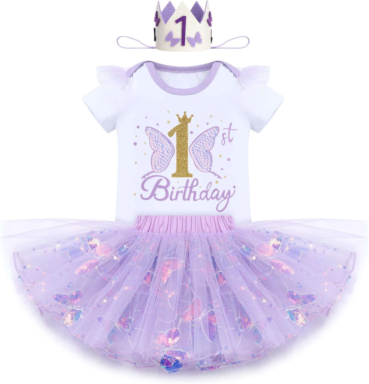 Butterfly 1st Birthday Outfit Baby Girl Sequin Butterfly Romper Tutu Skirt Headband Costume for Cake Smash Photo Shoot