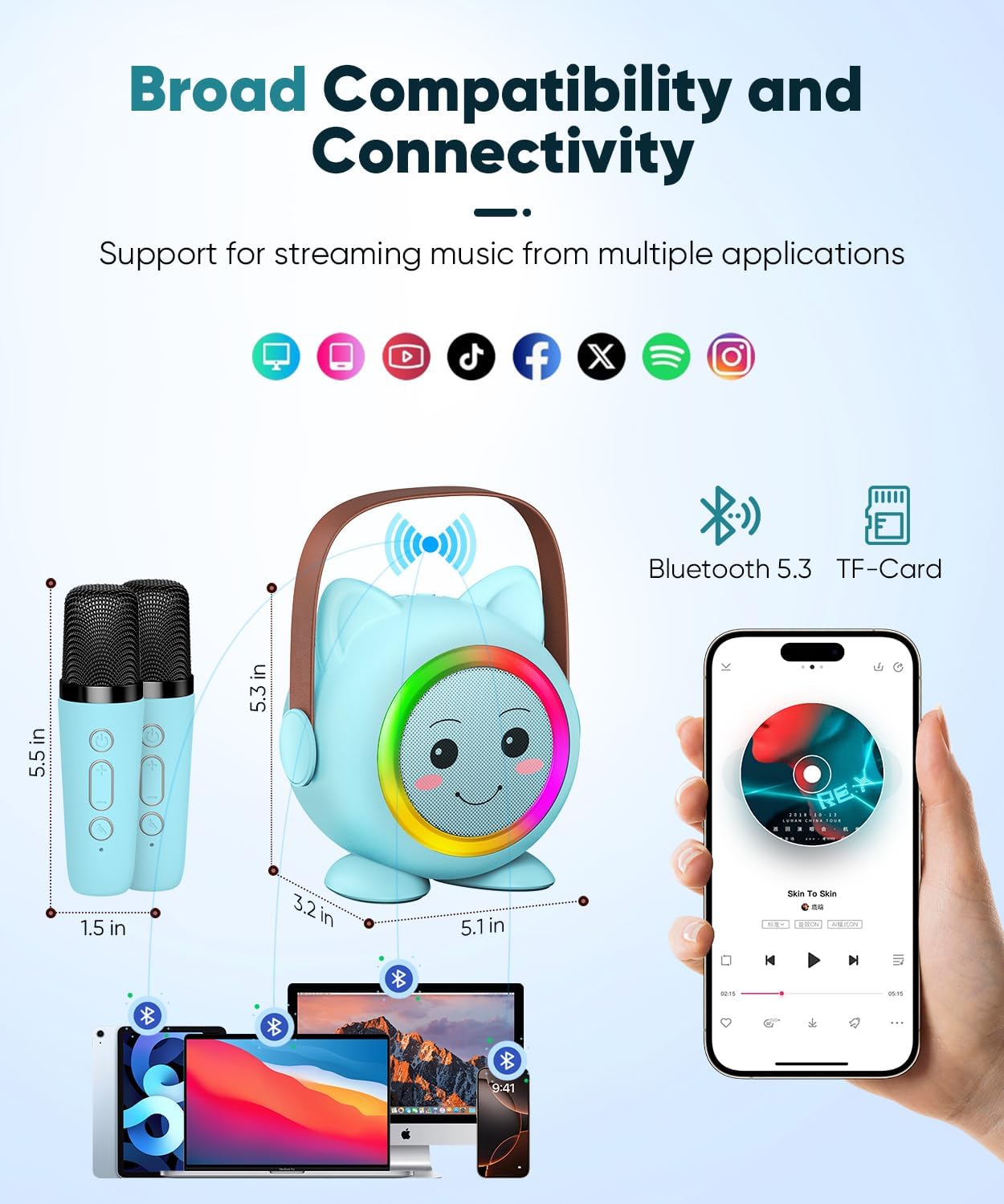 Mini Karaoke Machine Toy for Kids, Portable Karaoke Machine with 2 Wireless Microphone for 4,5,6,7,8,9,10,11,12+ Years Old Christmas Birthday Gifts Girls Boys (Blue) - Image 3