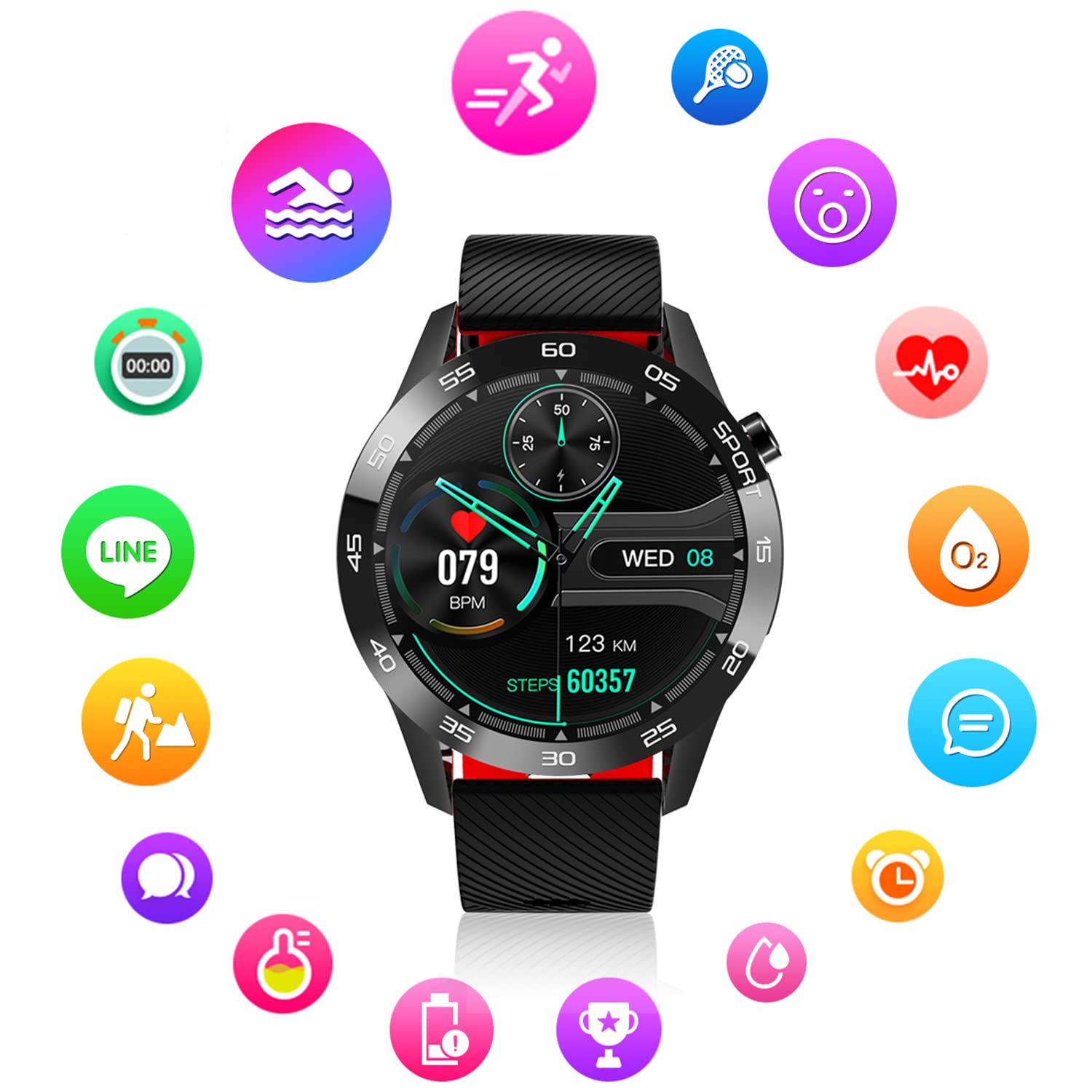 Smart Watch Fitness Trackers Wodoodporny Sport Activity Smartwatch Krokomierz Zegarki Monitorowanie tętna (czerwony)