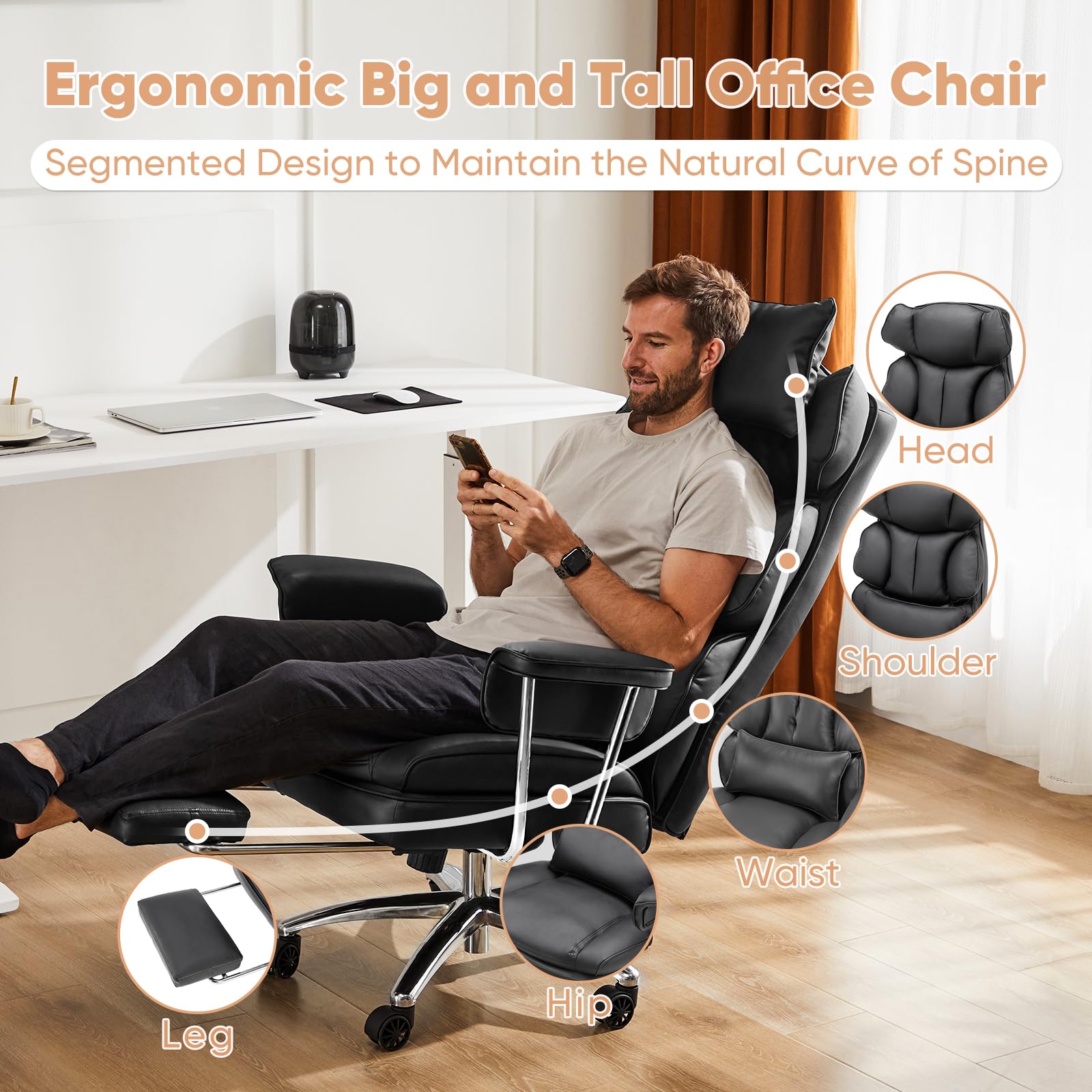 Sweetcrispy Chefsessel für Heimbüro, ergonomisch, groß, hohe Rückenlehne, mit Fußstütze und Lendenwirbelstütze, höhenverstellbar, bequemes PU-Leder, Computer-Gaming mit drehbaren Rädern, Schwarz