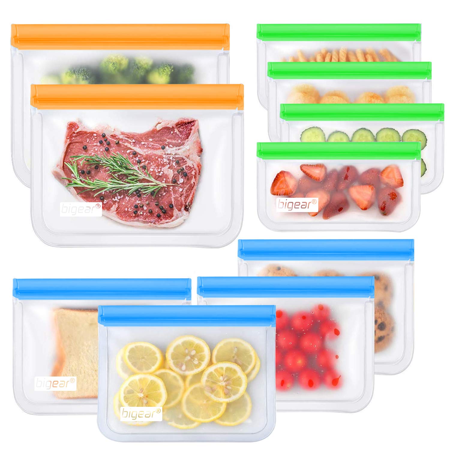 Reusable Storage Bags - 10 Pack Silicone Food Grade Storage Bags(2 Gallon + 4 Sandwich + 4 Snack Bags) Leakproof Freezer Bags Sandwich Bags BPA Free for Food Storage Organization