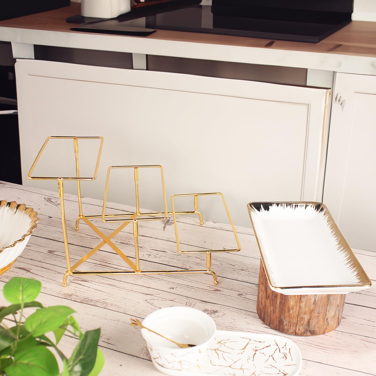 Three-Tier Ceramic Plate Rack - Foldable Gold Plate Rack with Three Large 11.4-inch White Plates for displaying Food, Fruit, Desserts, and Entertaining Guests.