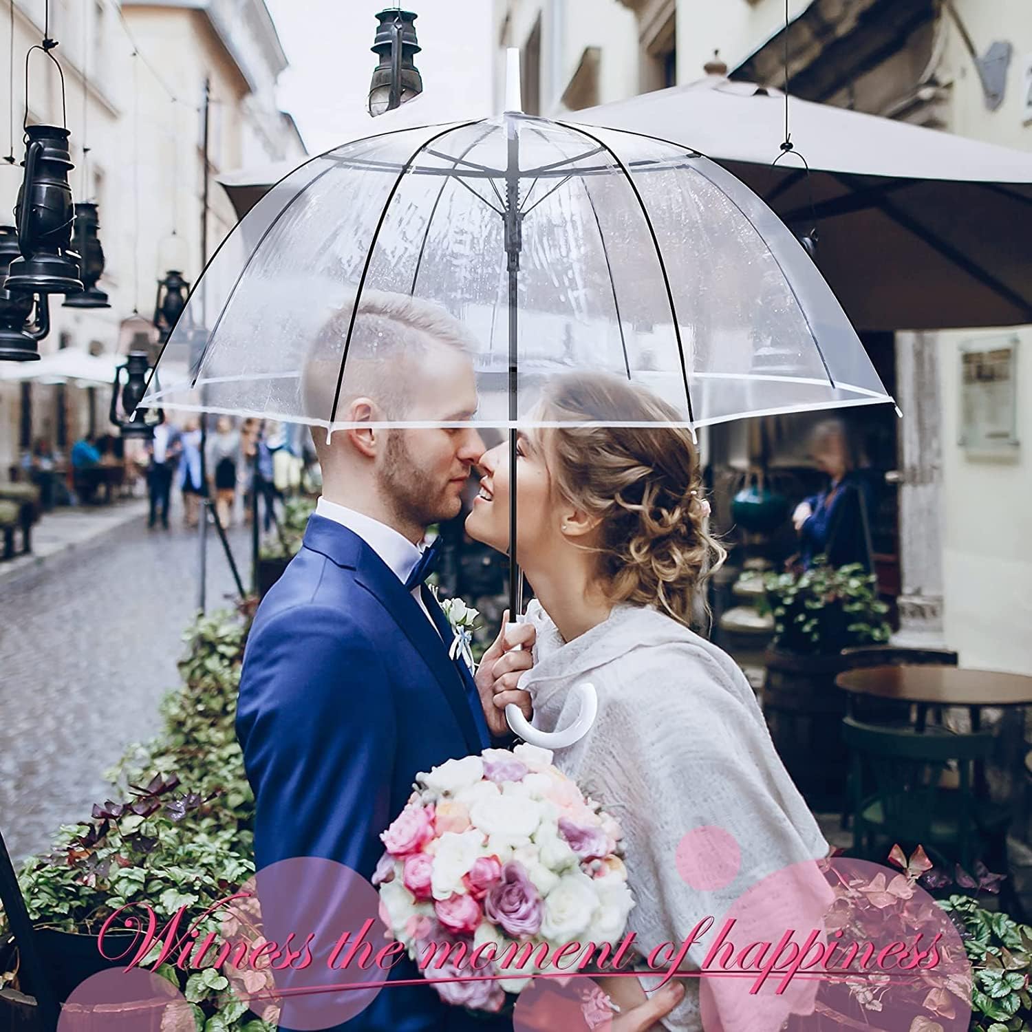 Ombrello Trasparente per Pioggia Adulto e Matrimonio - Apertura Automatica, Maniglia Gancio, Cupola a Campana 8 Costole, Bianco - Ideale per Foto