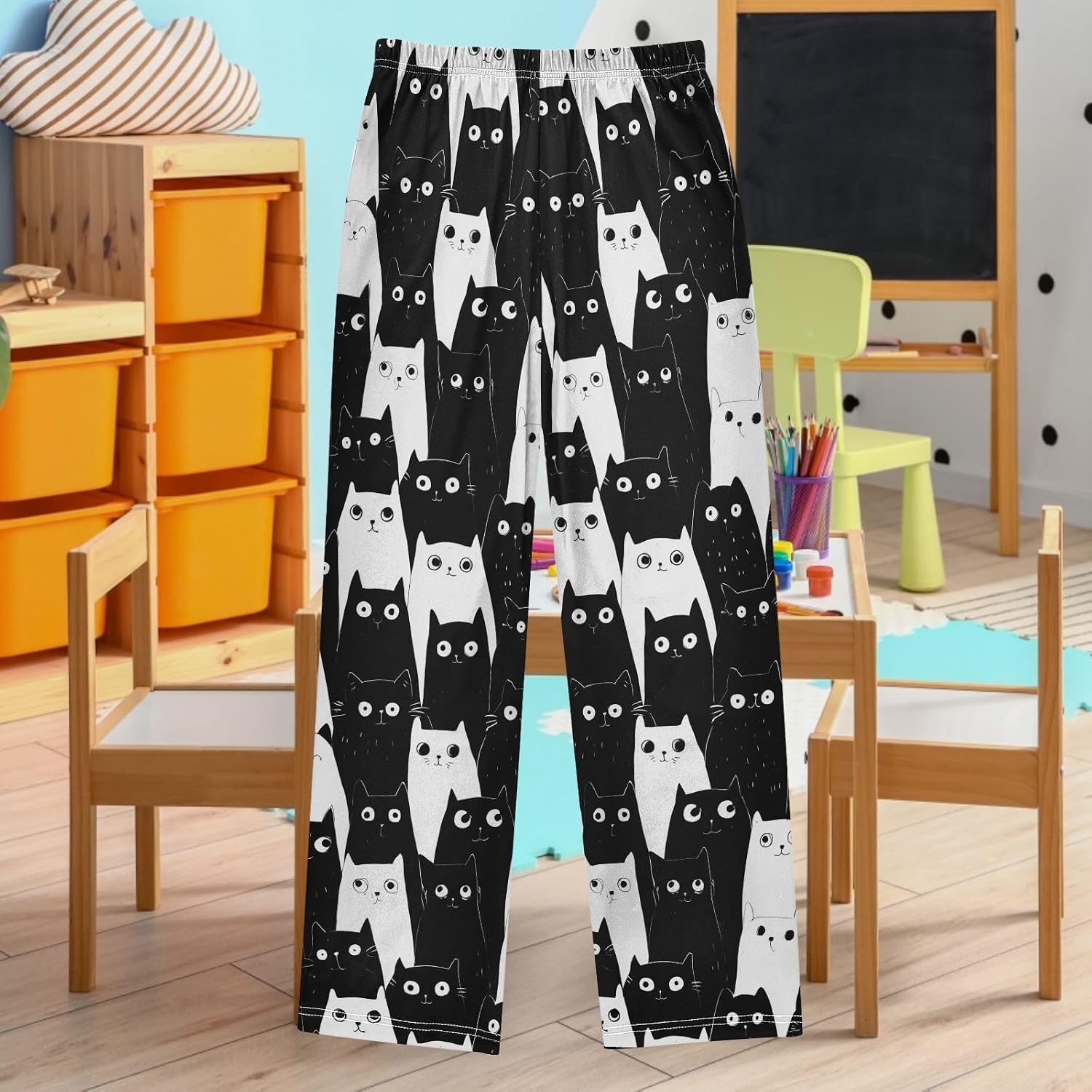 visesunny Boys' Pants Cartoon Black Cats Pattern Jogger Pants Elastic Waist Long Bottoms Trousers with Pockets S-XL