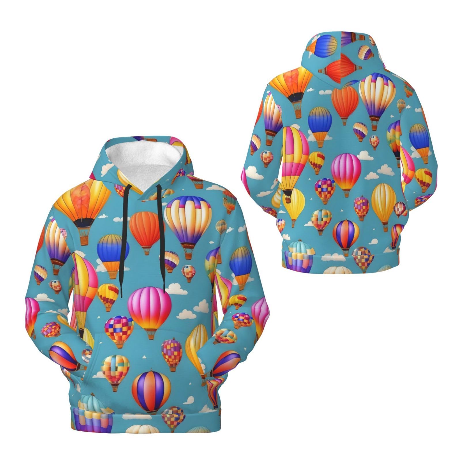 Męska bluza z kapturem z kolorowym nadrukiem balonów na gorące powietrze, casualowa grafika z nadrukiem bluzy z kapturem z kieszenią
