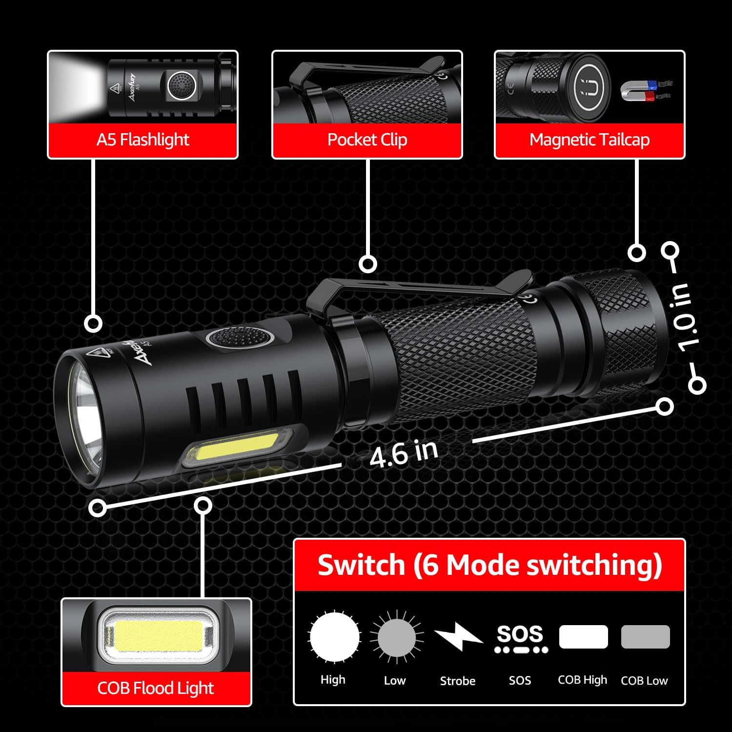 Flashlight, Magnetic LED Flashlight,Small Powerful EDC Flashlight A5 with COB Side Light,700 lumens,6 Modes,2 Types Batteries,Waterproof for Camping, Emergency(Not Included Battery) Gift