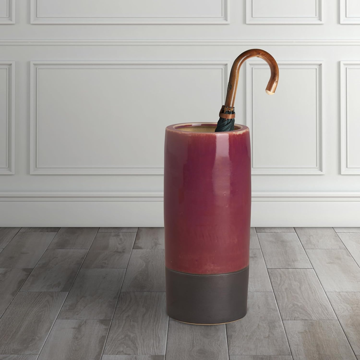 Emissary Home and Garden Two-Tone 19.5 in. H Round Ceramic Umbrella Stand in Eggplant with High-fire Treatment