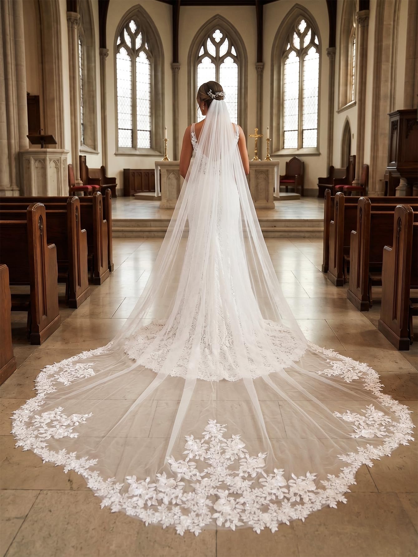 EllieWely Velo da sposa lungo in pizzo a 1 piano, lunghezza cattedrale, F17, bianco, 3M*3M (118 inch)