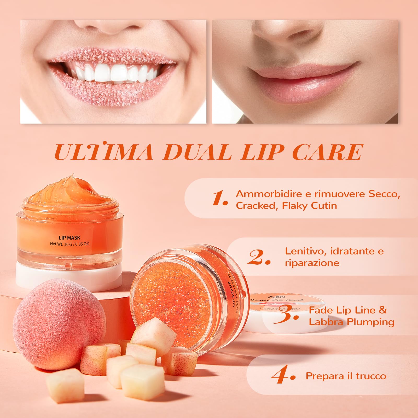 ANAiRUi Set Idee Regalo Natalizio, Set maschera labbra ed esfoliante al pesca + collagene, appositamente formulati per labbra secche, screpolate e desquamate