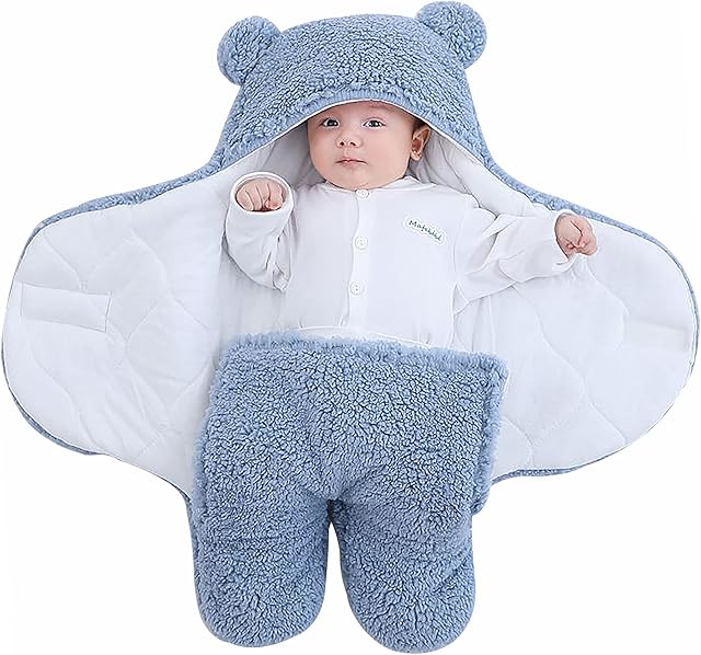 TURMIN Baby Hooded Swaddle, Infant Wrap Blanket Bag Newborn Receiving Blanket Unisex Boys Girls Fleece Sleeping Bag Plush Wrap Cute Bear Swaddle Baby Clothes-Blue-S(0-3 Months)