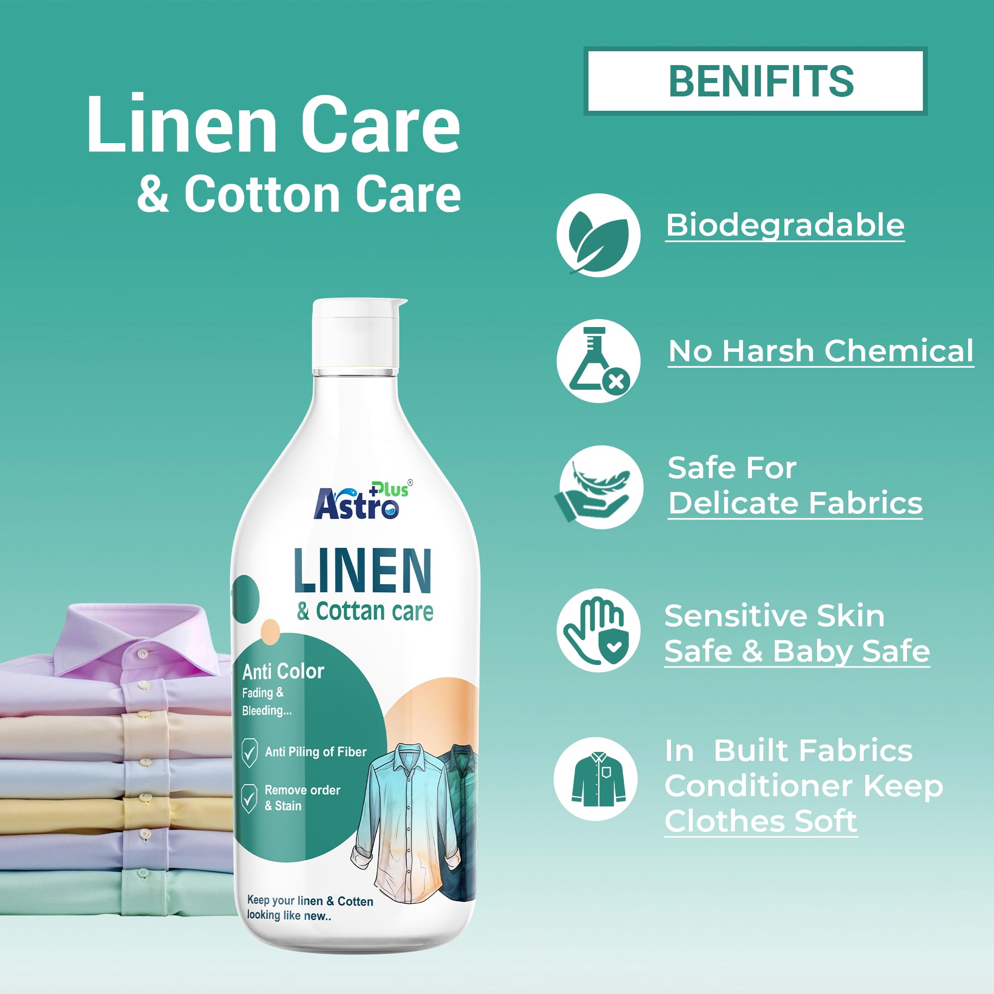 Astro Plus+ Linen & Cotton Care Best Washing Liquid For Clothes-Fabric Gentle Wash for Linen, Silk, Chiffon, Cotton, Georgette, and Woolen (500ml)