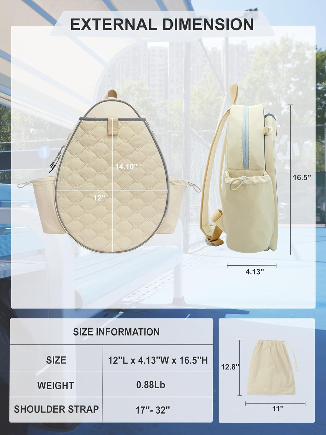 Tennis Bag, Quilted Tennis Racket Backpack for Women and Men Holds 1-2 Rackets, Lightweight and Water-resistant Sports Backpack for Pickleball and Badminton Cream