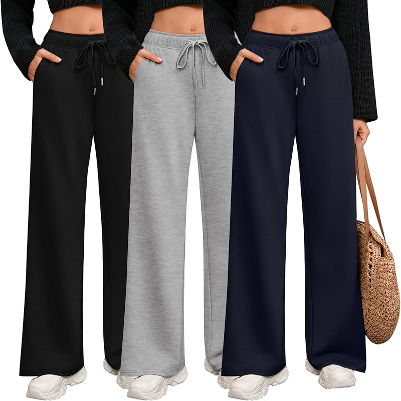 Riyiper 3 Pack Women Wide Leg Sweatpants Drawstring Straight Pants Elastic Waist Joggers Open Bottom Sweatpants with Pockets