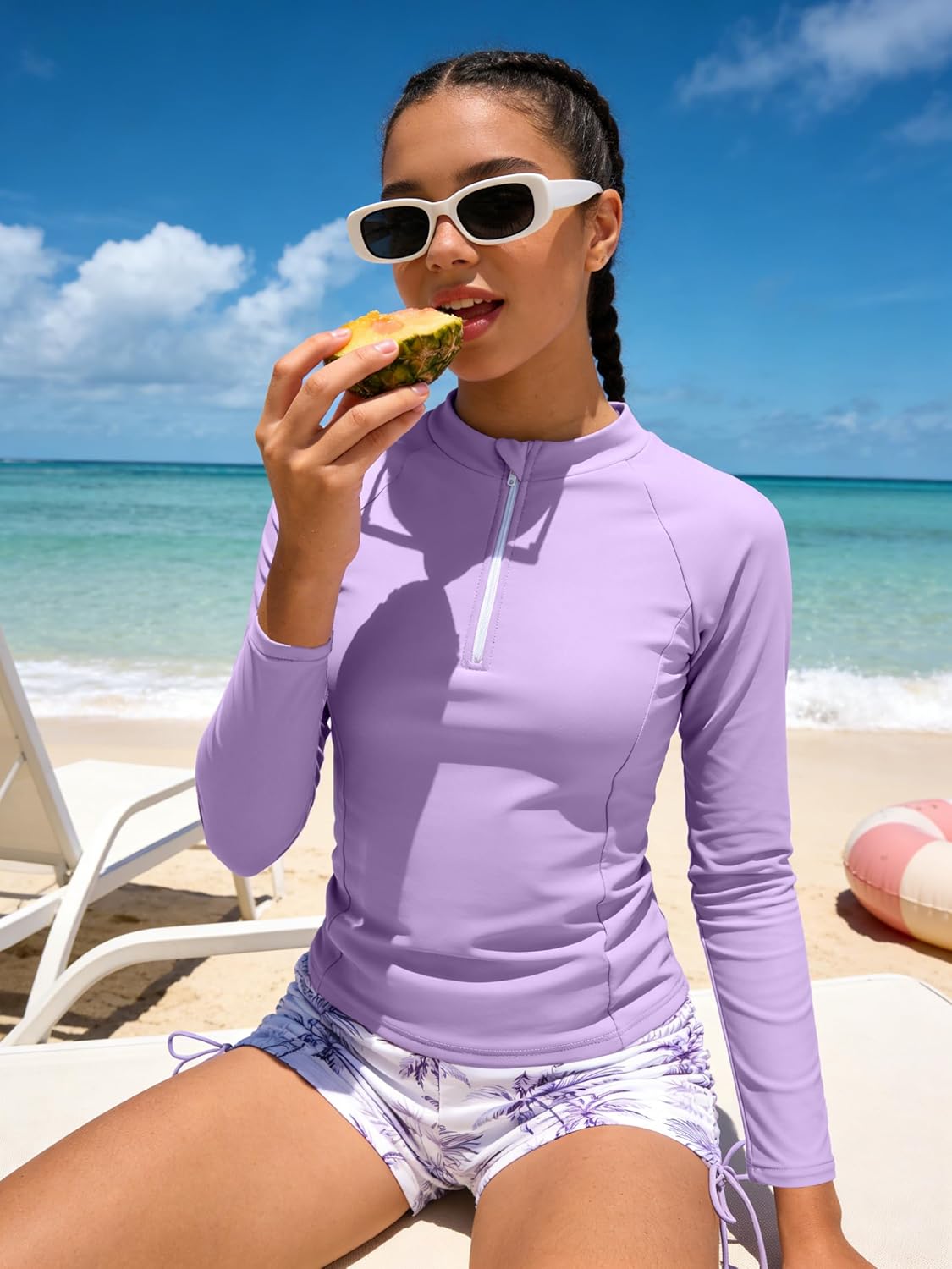 Hipea Girls Rash Guard Swimsuit 2 Pieces Zip Up Long Sleeve Swimsuits with Print Bathing Suit Teen Girl Swimwear 7-16Y