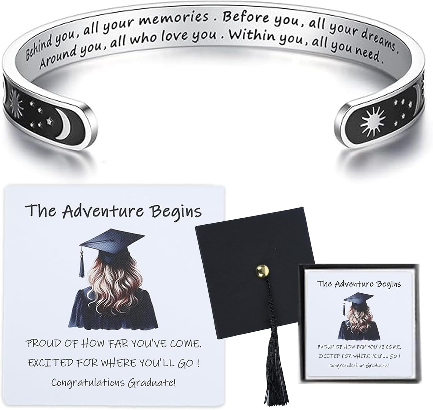 Grad Cap Box Graduation Gifts for Her, Adjustable Personalized Inspirational Bracelets Gifts with Card, Stainless Steel Engraved Cuff for Women Daughter Granddaughter Sister Friends